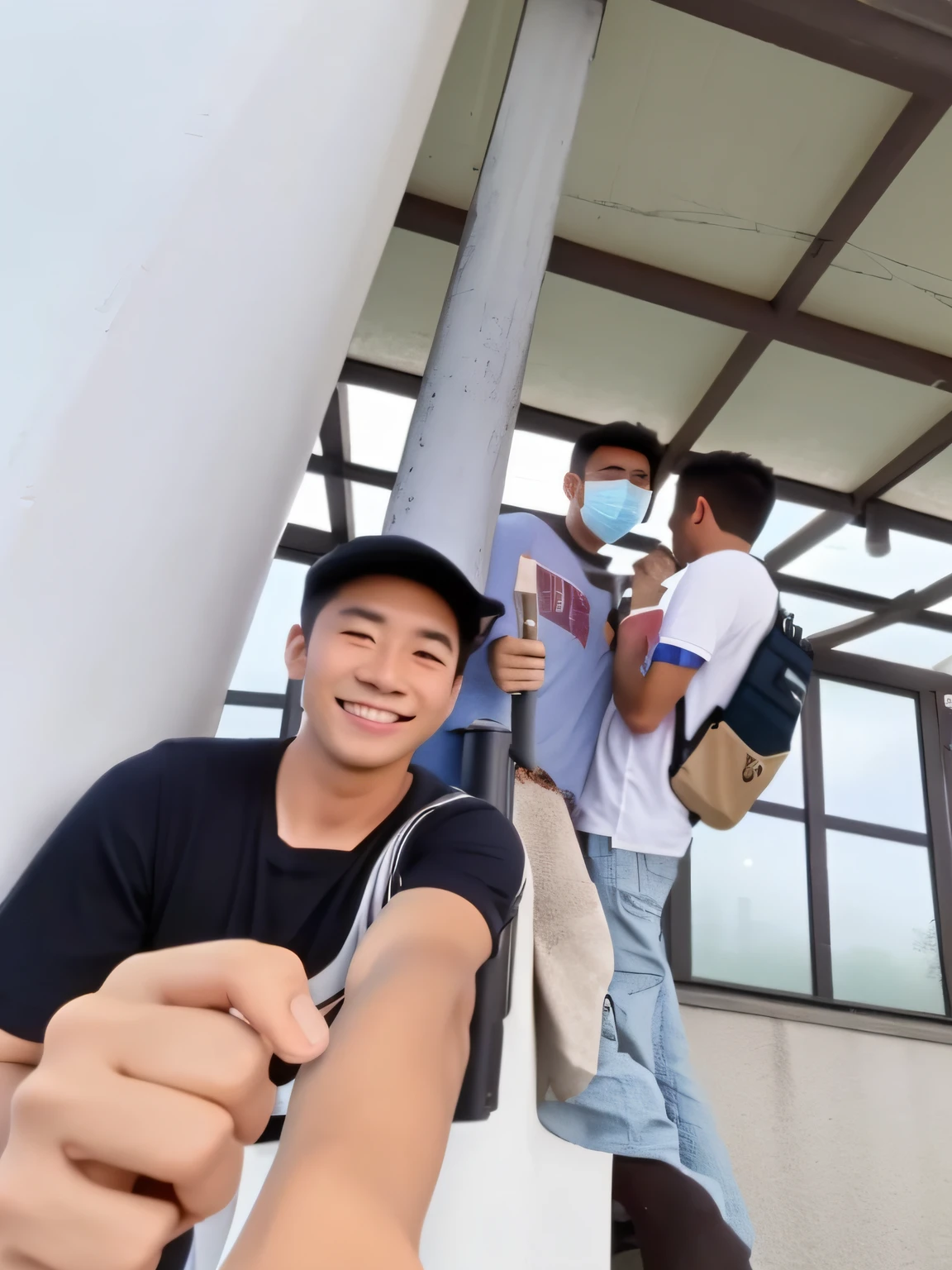 There were two people standing side by side near a pole, very very low quality picture, shot on gopro9, on rooftop, old picture, low quality photo, self-shot, picture, with funny feeling, blurry image, taken with the best dlsr camera, shot on iphone, at college, Shot on Canon EOS R 6, low quality photo