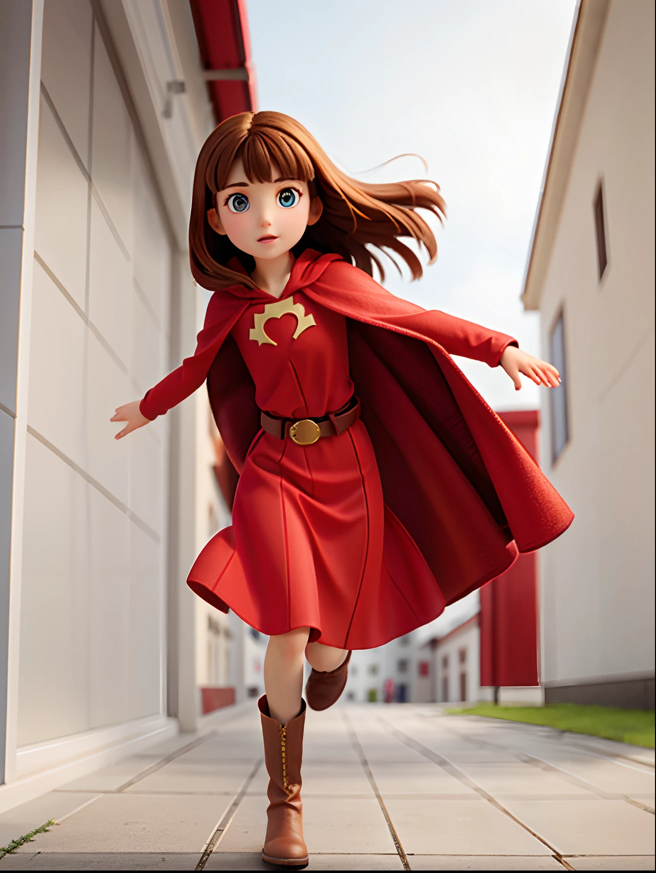Brunette girl in red cape,Long red dress,Brown belt,Boots, Same outfit,full bodyesbian, Running ,Beautiful face, Delicate face,beautidful eyes, White background,Without background