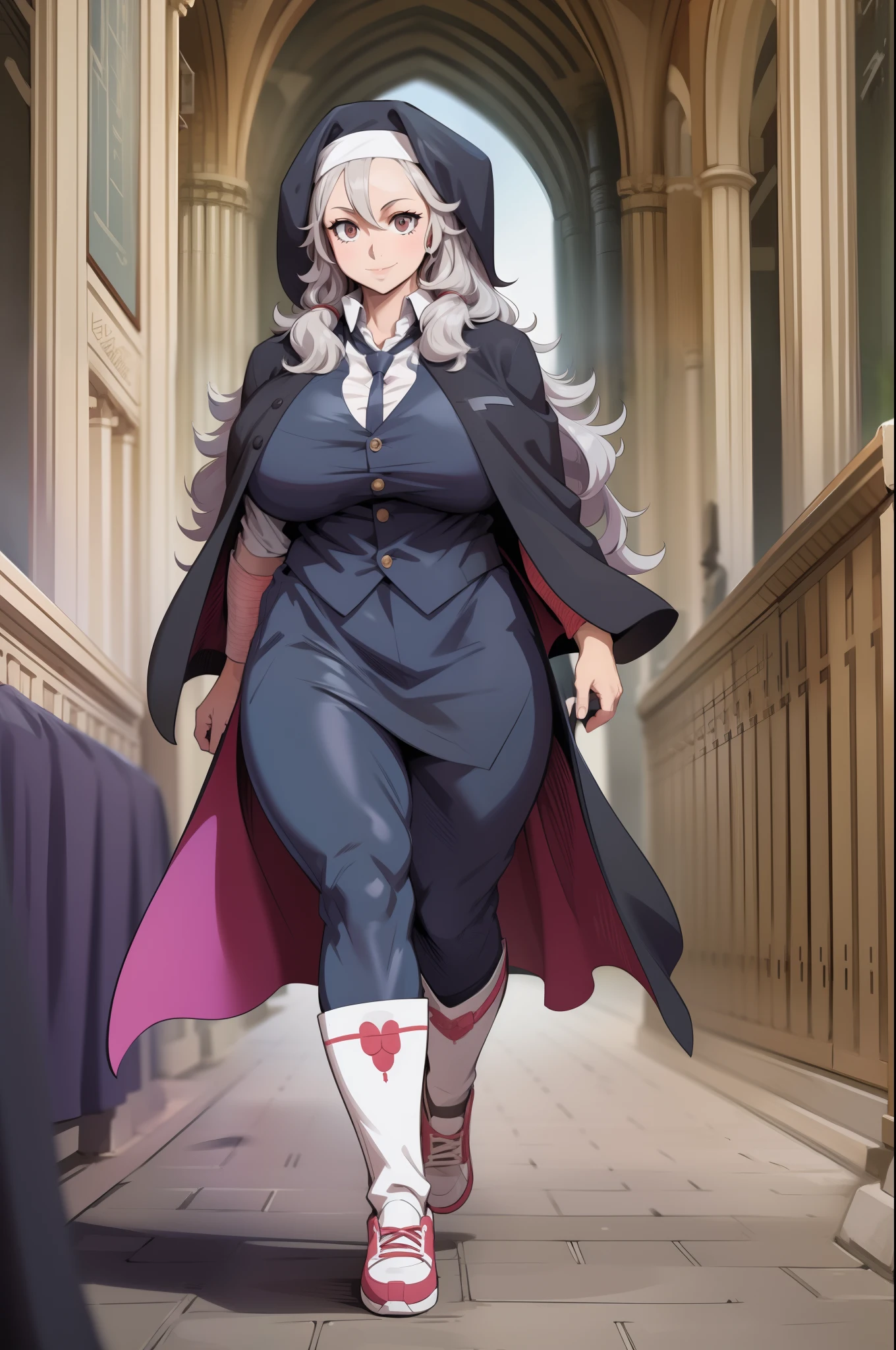 noi, nun, big breast,white boots, pants,cloak, musclegirl, walking, smile, long hair, catedral, vest, portrait