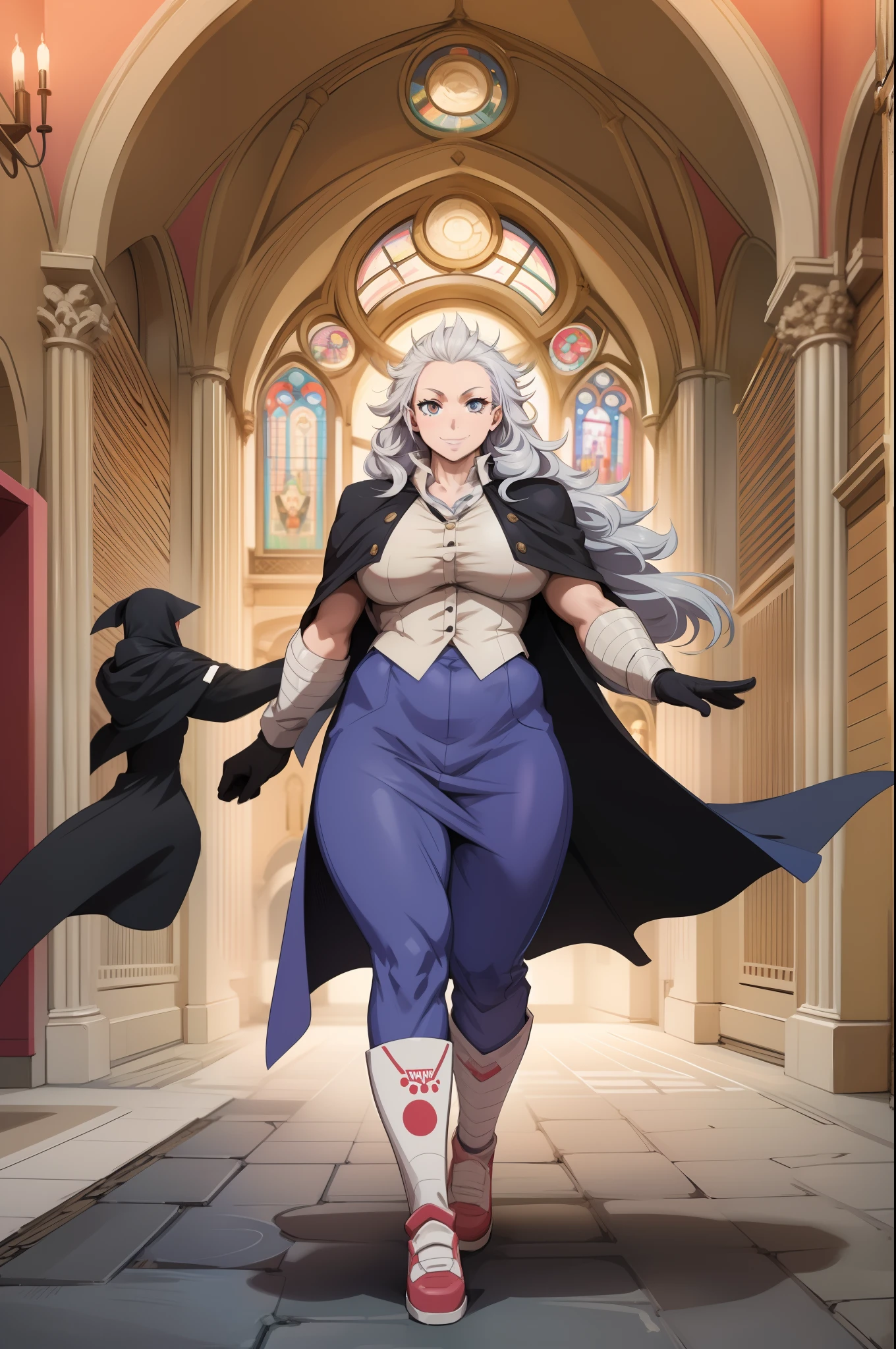 noi, nun, big breast,white boots, pants,cloak, musclegirl, walking, smile, long hair, catedral, vest, portrait