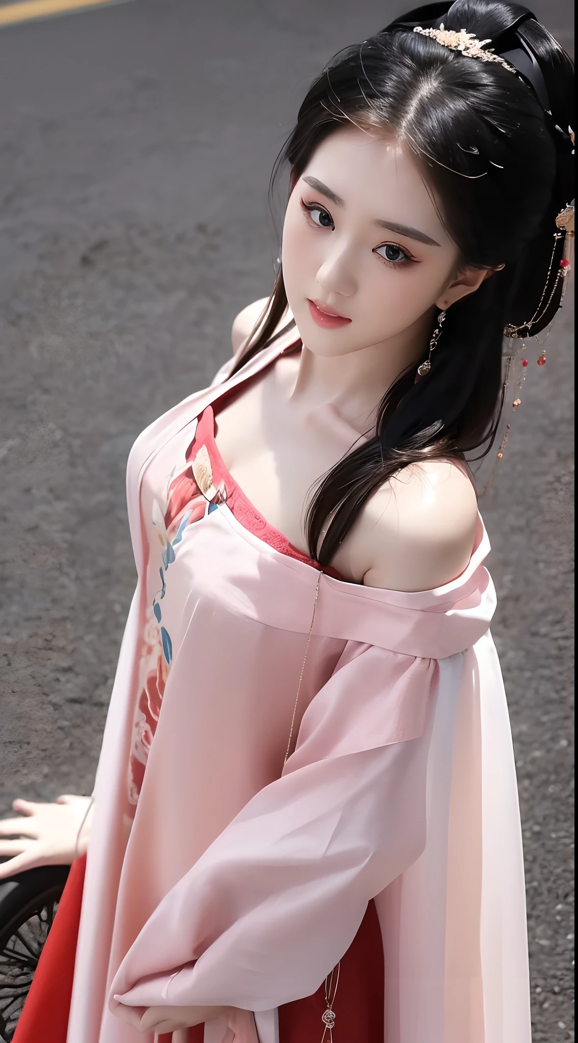 1 beautiful girl, long black hair, black eyes, Ancient Chinese style bun, wearing a thin silk shirt of ancient China, appears shoulders and head in the photo, (pout, embarrassed, small face makeup detailed and very beautiful, blush, from front, from above, looking at viewer, upturned eyes, cleavage, masterpiece, top quality, best quality, official art, unity 8k wallpaper, highres, ultra-high res, ultra-detailed, (photorealistic:1.2), alone, solo, Only 1 girl,