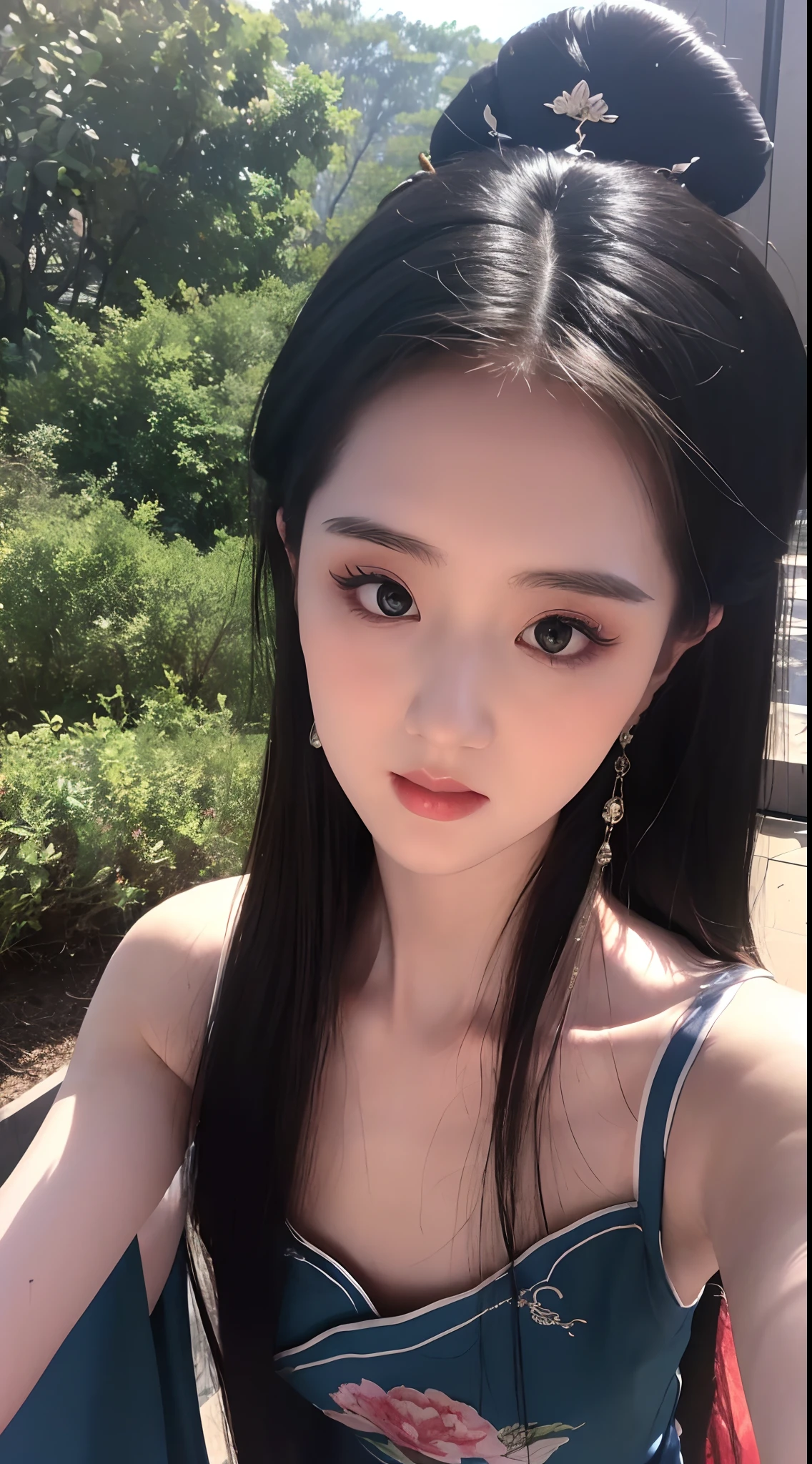 1 beautiful girl, long black hair, black eyes, Ancient Chinese style bun, wearing a thin silk shirt of ancient China, appears shoulders and head in the photo, (pout, embarrassed, small face makeup detailed and very beautiful, blush, from front, from above, looking at viewer, upturned eyes, cleavage, masterpiece, top quality, best quality, official art, unity 8k wallpaper, highres, ultra-high res, ultra-detailed, (photorealistic:1.2), alone, solo, Only 1 girl,