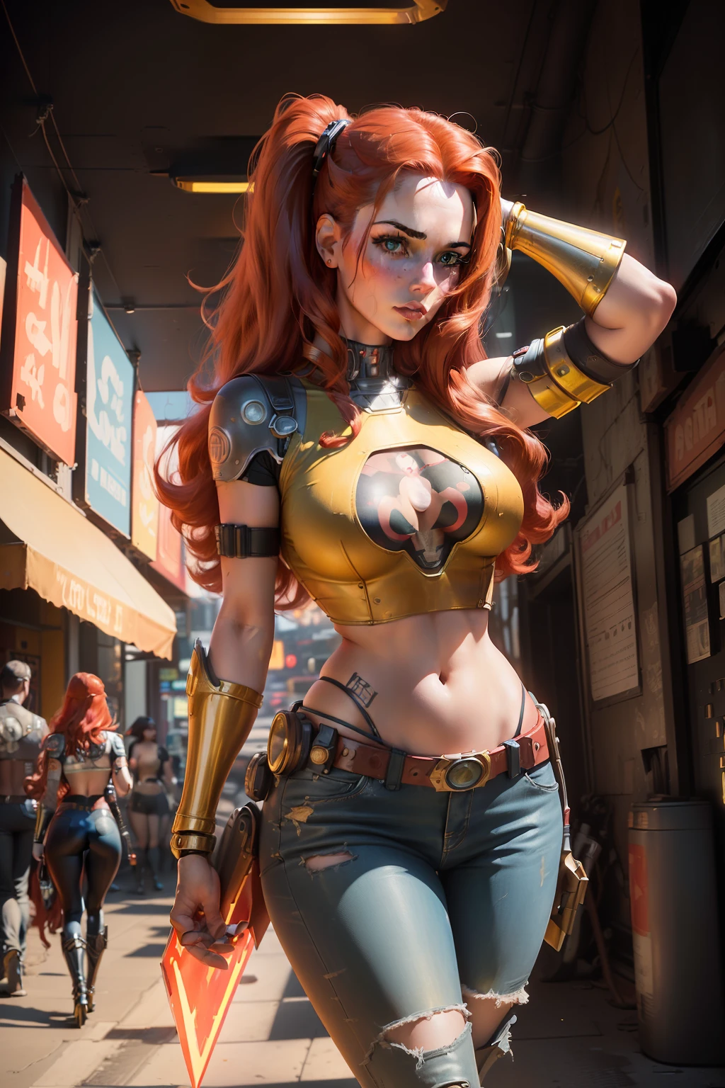 American World War II poster, Gil Elvgren style ((detailed skin)) (((A young woman with long size straight red hair up to the waist in superhero pose without T-shirt and blue jeans))) ((detailed outfit entirely red with gold)) (cars in the background of the image) (((robotic left arm)) (((cyberpunk arm))) adobe lightroom, hero uniform, 1 girl, Solo, good body, side light, poster art style. 1980s, 1950s, 1960s, 1940s, basic color scheme, very colorful poster, colorful art, third rule, inspiring, woman, 1 25-year-old girl, hair blowing in the wind, looking at the viewer, blurred background, curvy body, green eyes