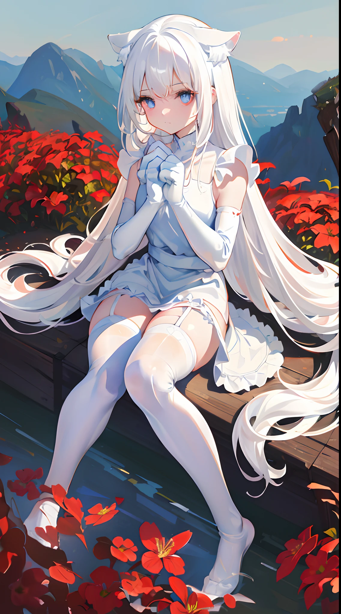 (((masterpiece))), 4k res, absurdres, highly detailed, (correct anatomy:1.6), (((vivid red colored eyes))), (cinematic lighting), (((1girl))), solo, looking at the viewer, spring weather, (flowery scenery background:1.7), (((girl))), (full body:1.2), (no shoes:1.3), (depth of field effect:0.4), (sitting on knees:1.3), (dcollet:1.2), (maid outfit:1.4), (nekomimi:1.5), (very long and pristine white hair:1.7), (white thighhighs with garter:1.4), (((perfectly drawn hands))), (((small feet))), (((thick thighs))), (nsfw:0.3)