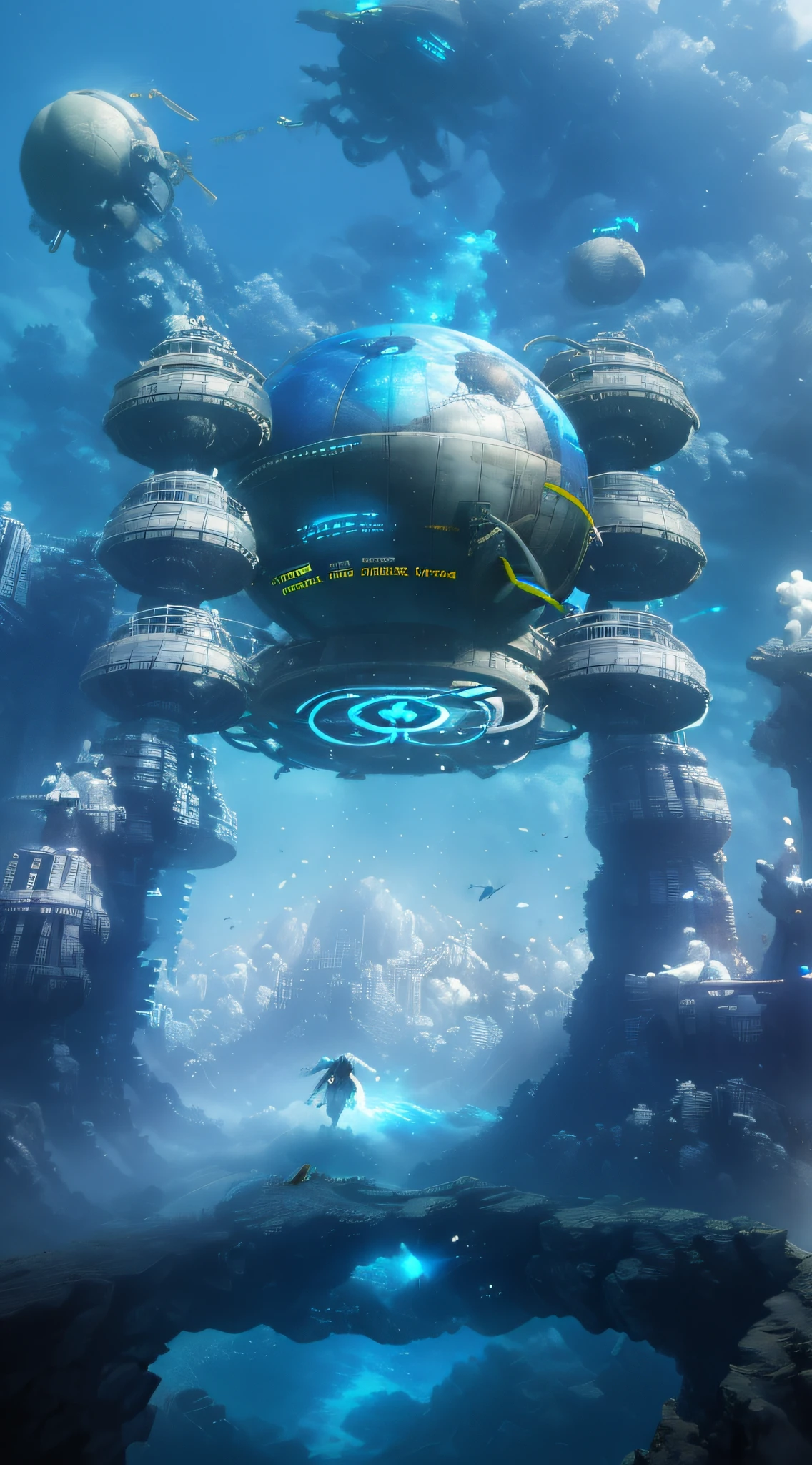 water world，A world formed by water，Underwater world，Futuristic sci-fi scene，There is a huge structure in the middle，Mysterious sci-fi concept art，portal opening，depicted as a scifi scene，surreal sci fi set design，paul lehr and beeple。City of Steel，Solid，Dynamic movements，vividness，with dynamism，cinematic ligh，Laser hologram，lightand shade contrast，holy cinematic rim，Surrounded by smoke，Game cg style，Masterpiece，Best quality，Rendering engine