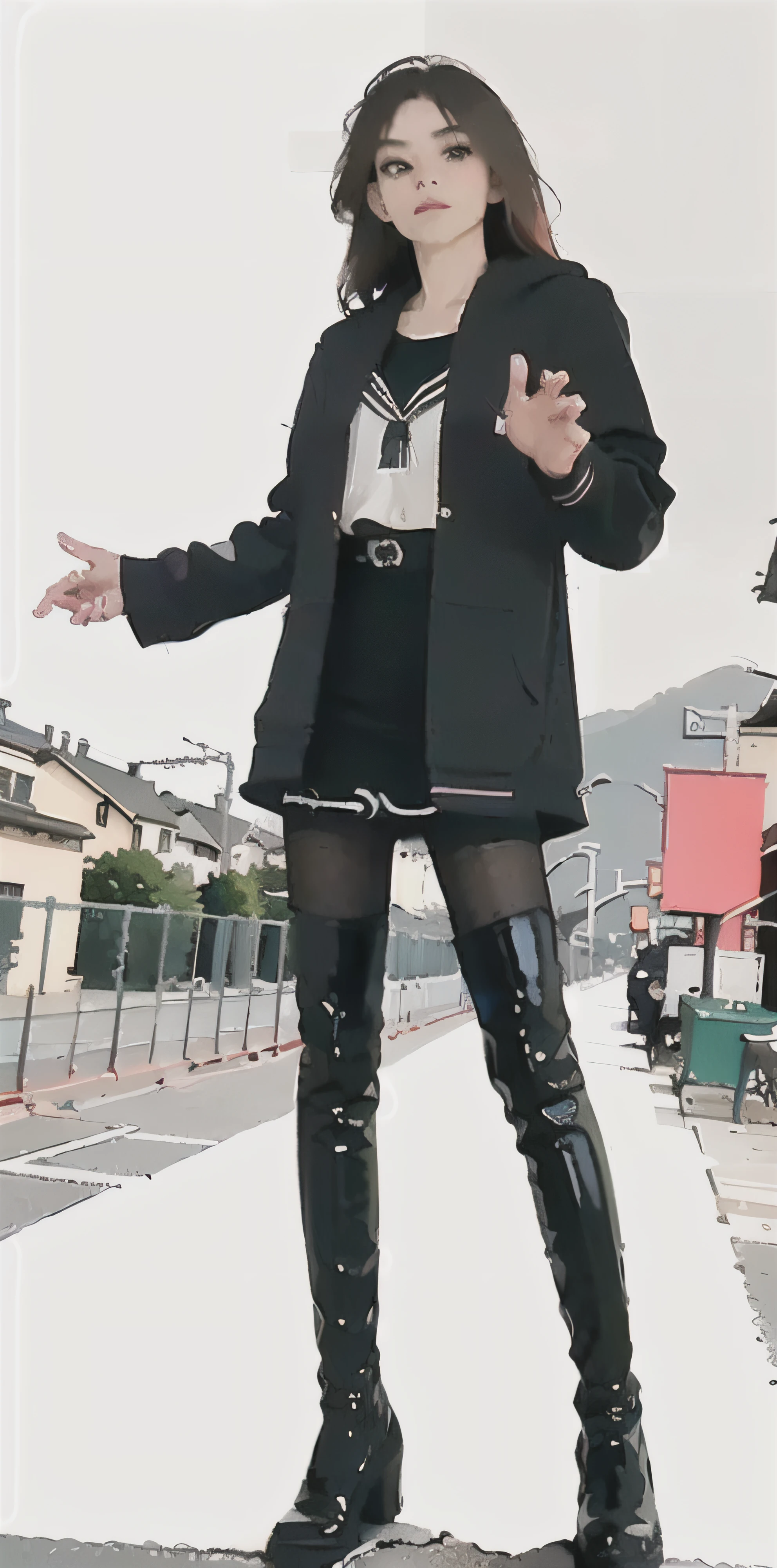 1girll,(8K, RAW photo, Best quality, Masterpiece:1.2), (1China girl,Solo:1.29),(Realistic, photo-realistic:1.37),(Street photography:1.54),(busty figure:1.5),Boots,(2 boots,2 normal legs),Over-the-knee boots,(Stand upright,Orthographic lighting,whole body picture:1.88),(knee high boots:1.75),(Leather boots:1.6),(Over-the-knee boot cover 3/4 legs:1.55),(high-heels:1.2),(Silvery hair),(Silver boots),(leather miniskirt:1.3),(High heels:1.4),(2 Long heels:1.2),(2 stiletto heels:1.33),(Slim heels:1.33),(brassier:1.65),(Silver patent leather boots:1.4),(The boots clung to her legs:1.5),(The boots are pressed tightly against the thighs, Accentuate the curve of the legs),(A pair of black pantyhose:1.89),(A thin pair of black pantyhose:1.74),(A pair of black thin oily pantyhose:1.74),(The line between the legs and the black silk skirt is clear:1.56),(Ultra detail,full bodyesbian),(Red long-haired,Red hair,Bright red hair:1.4),(the beautiful and delicate girl:1.5) ,Beautiful nose,(Extremely detailed eyes and face:1.5), (Beautiful eyes:1.5),((Hanfu:1.1),(beautiful detailed lips),Professional lighting, No hats,2 legs,photon maping, Radio City, Physically-based rendering,Extremely detailed eyes and face, Beautiful detailed eyes,light in face,Cinematic lighting,Beautiful detailed sky,Details of Shanghai streets,Morning,sun light,Short jacket,Hoodie,school uniform,(Open legs:1.45),1girll,full bodyesbian,full body shot of,Outdoors,
