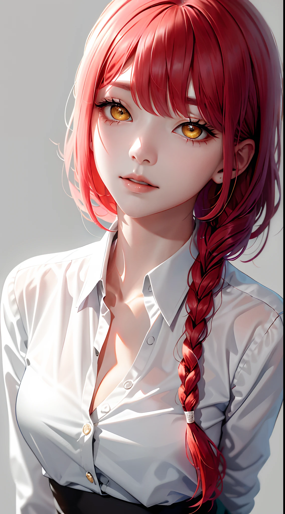 tmasterpiece,(真实感:1.4),best qualtiy,(cleavage:1.3),beautiful light up,(Ulzzang-6500:0.5),makima \(chainsawman\),(red hair)+(long braid)+(By bangs),Yellow eyes,Golden eyes, ((eye socket)), (white shirt), (tiese), RAW photos, 8K UHD, filmgrain