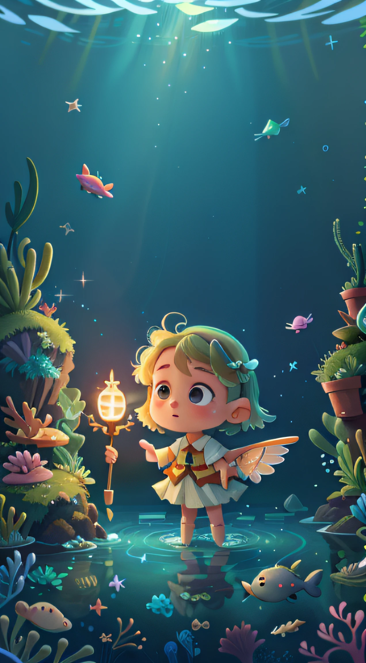 The scene is at the bottom of the sea，dive，searchlight，fish flocks，Little angel with fairy stick in hand，Fine face，Magic wand，Circling，delicate wings，surrealism，Cinematic lighting, Sparkle，pastelcolor， ultra-wide-angle，Faraway view，hyper HD, Anatomically correct, Masterpiece, hyper-detailing, A high resolution