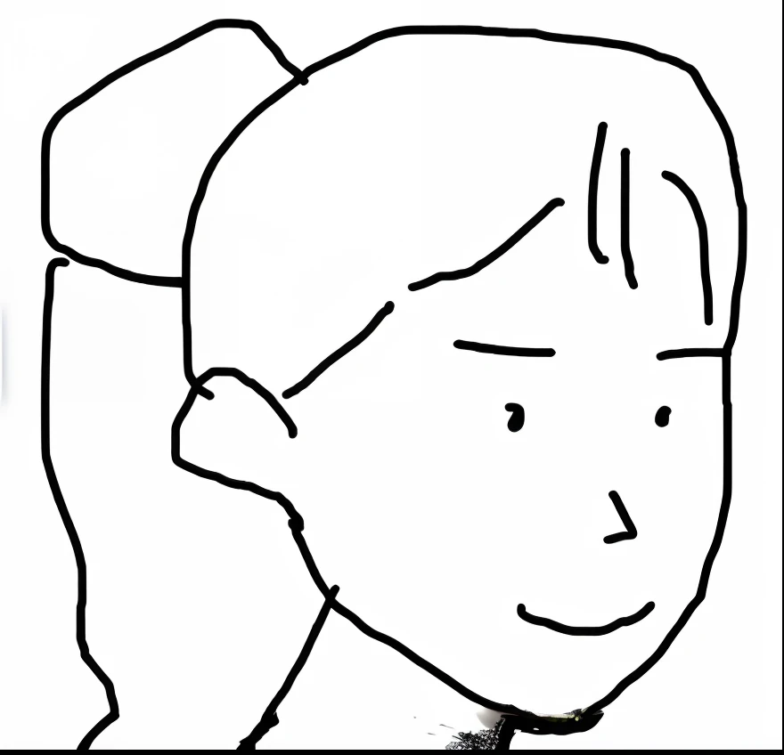 Drawing of a woman with a ponytail and a bow, face in view, with round face, headshot photo, face showing, realistically proportioned face, Round broadside jaw, drawn in microsoft paint, Side profile center, Side profile center portrait, Drawn image, Thick line art, The blank expression on her face, thick outlines, face line drawing, soft round face