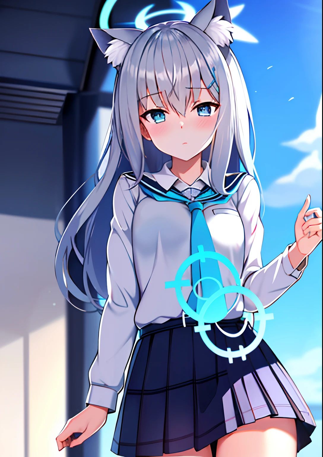 shiroko \(Blue Archive\),school uniform,Skirt,Animal ears,Halo,Blue sky,Masterpiece,Best quality,Ultra-detailed, Ray tracing,Perfect lighting, Cowboy shot,(Shiny skin:1.2)[wet with oil:0.3],Reflection,