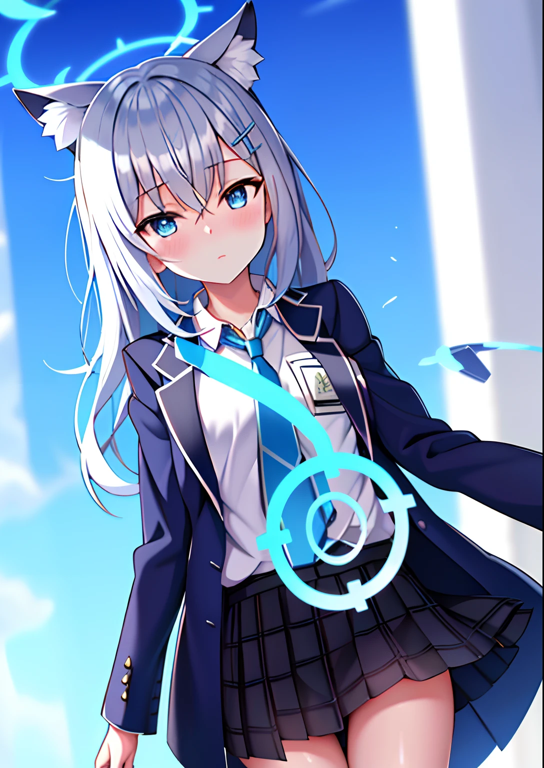 shiroko \(Blue Archive\),school uniform,Skirt,Animal ears,Halo,Blue sky,Masterpiece,Best quality,Ultra-detailed, Ray tracing,Perfect lighting, Cowboy shot,(Shiny skin:1.2)[wet with oil:0.3],Reflection,