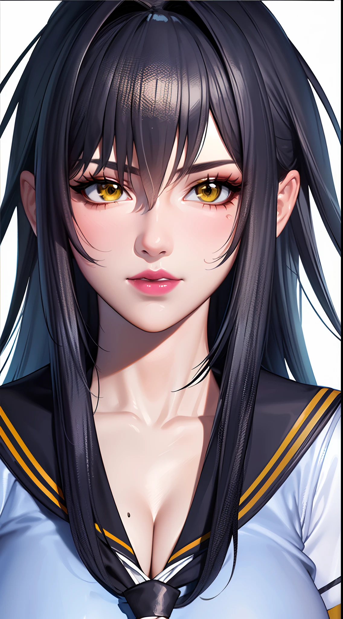 (solo:1.4), female mature, black hair, long hair, yellow eyes, large breasts, (((school uniform:1.4))), cleavage, professional artwork, Intricate Details, ((plain white background)), sharp focus, detailed painting, makeup, eyeshadow, lipstick, ultra detailed makeup, ultra detailed eyeshadow, ultra detailed lipstick, (half body shot:1.4)