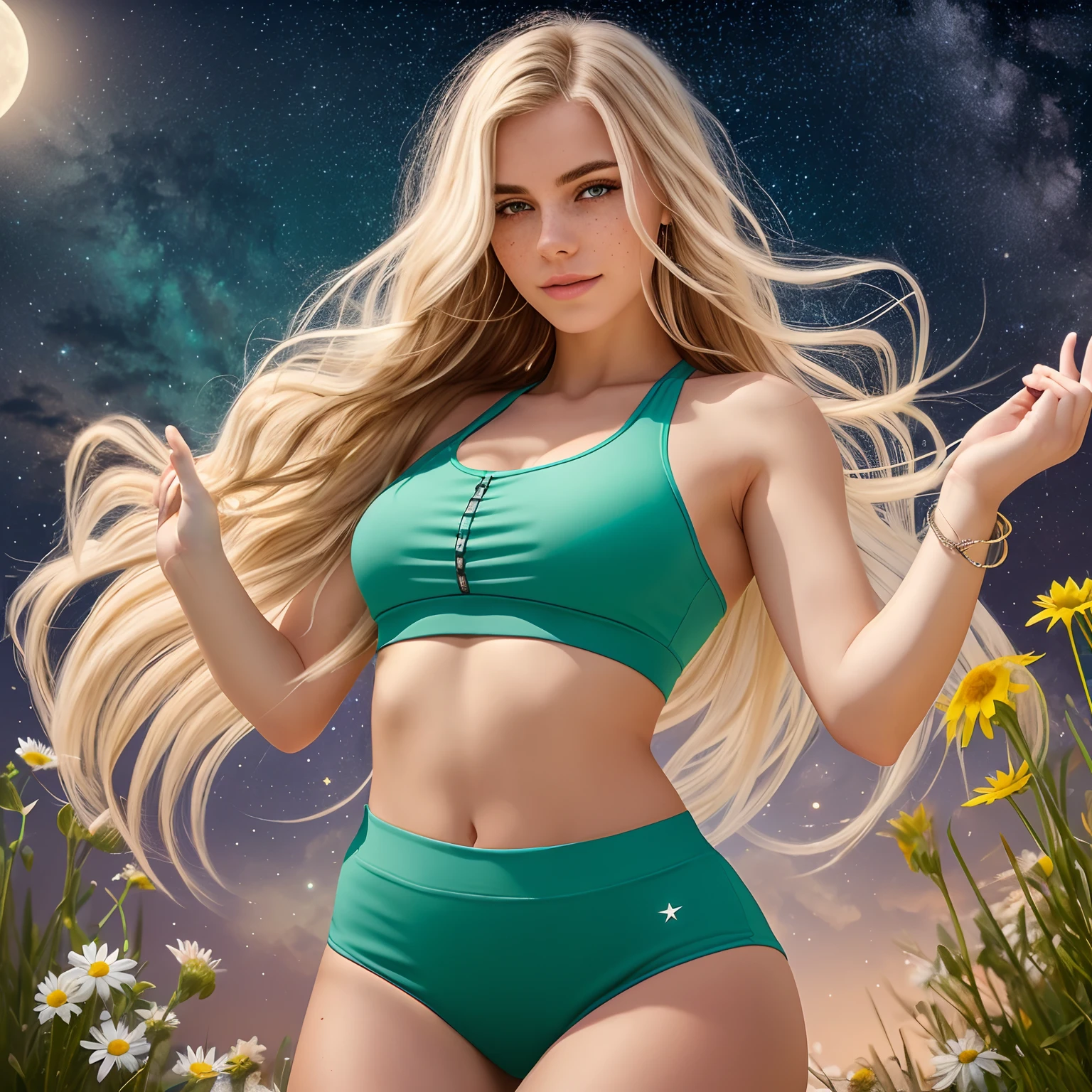 1 Woman, 25 years old, photorealistic, high resolution, best quality, masterpiece, straight blonde hair up to the shoulders, beautiful Slavic, heterochromatic eye, mole below the eye, thick eyebrows, freckles, tank top, blue and light green gym clothes, large chest, small waist, normal thighs. She is dancing with an elegant man, a beautiful flowery field. Full moon, lots of stars.
