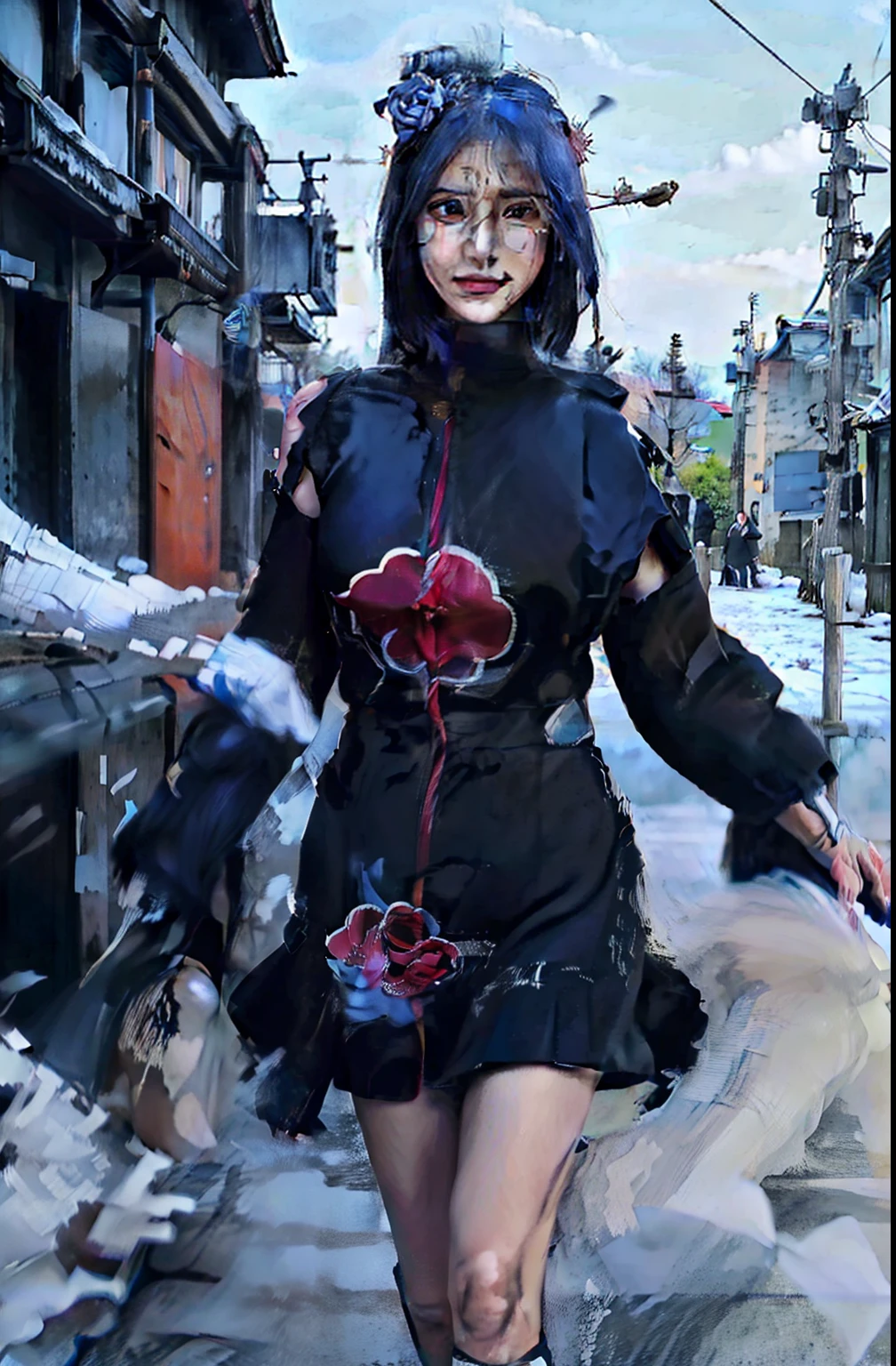 1girl, (8k, RAW photo, best quality, masterpiece:1.2), (ultra highres:1.0),detailed illustration, (real person,fashion photography portrait,photograph), detailed, detailed beautiful skin, (realistic, photo-realistic:1.37), konan akatsukiNS, solo, professional lighting, black dress), village, east asian architecture, trees, village hidden in the leaves background,looking_at_viewer, smile,blue hair,blue eyes,mitain,toeless footwear,kunai,facial mark,konohagakure symbol,fighting_stance,fence,ninja,adjusting gloves,sleeveless,cleavage, big breasts
