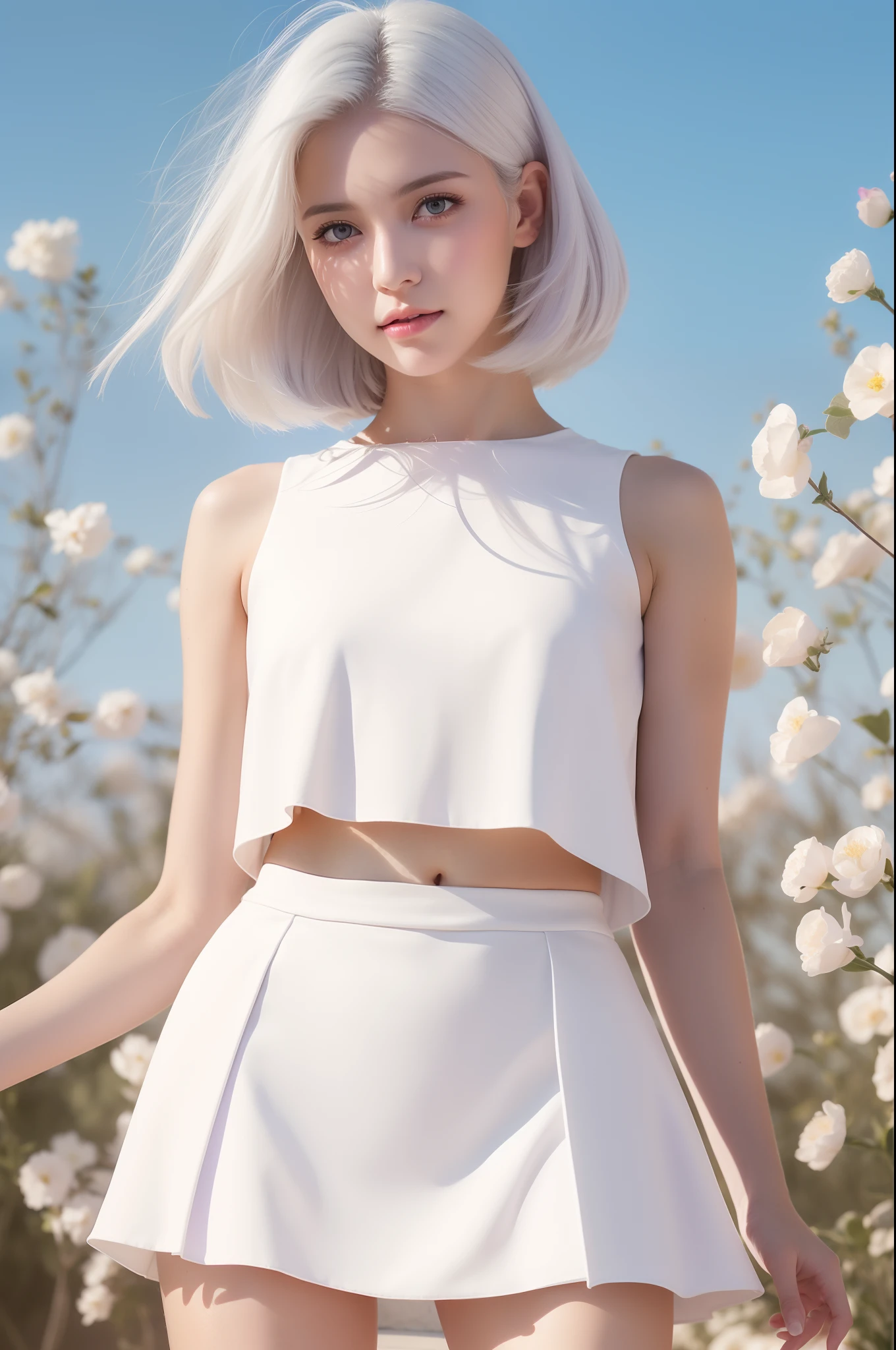 Realistic, 1girl, white hair, purple eyes, glowing eyes, cropped top, skirt, parted lips, blush, night, flowers, sun, sunlight, white skirt, short skirt, medium length hair, real, warm colors, white short Dress, white clothes, light background color, day environment, bright color background, saudi, ocean, cute,