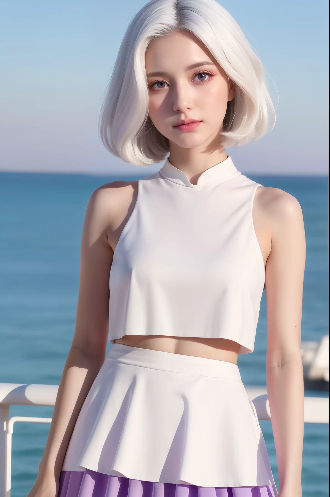 Realistic, 1girl, white hair, purple eyes, glowing eyes, cropped top, skirt, parted lips, blush, night, flowers, sun, sunlight, white skirt, short skirt, medium length hair, real, warm colors, white short Dress, white clothes, light background color, day environment, bright color background, saudi, ocean, cute,