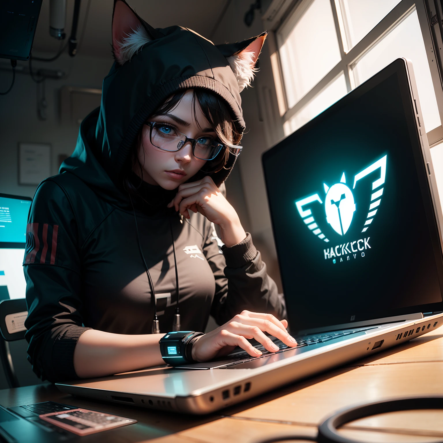 Abstract cat hacker working on laptop, Technology cyberpunk background,Cinematic