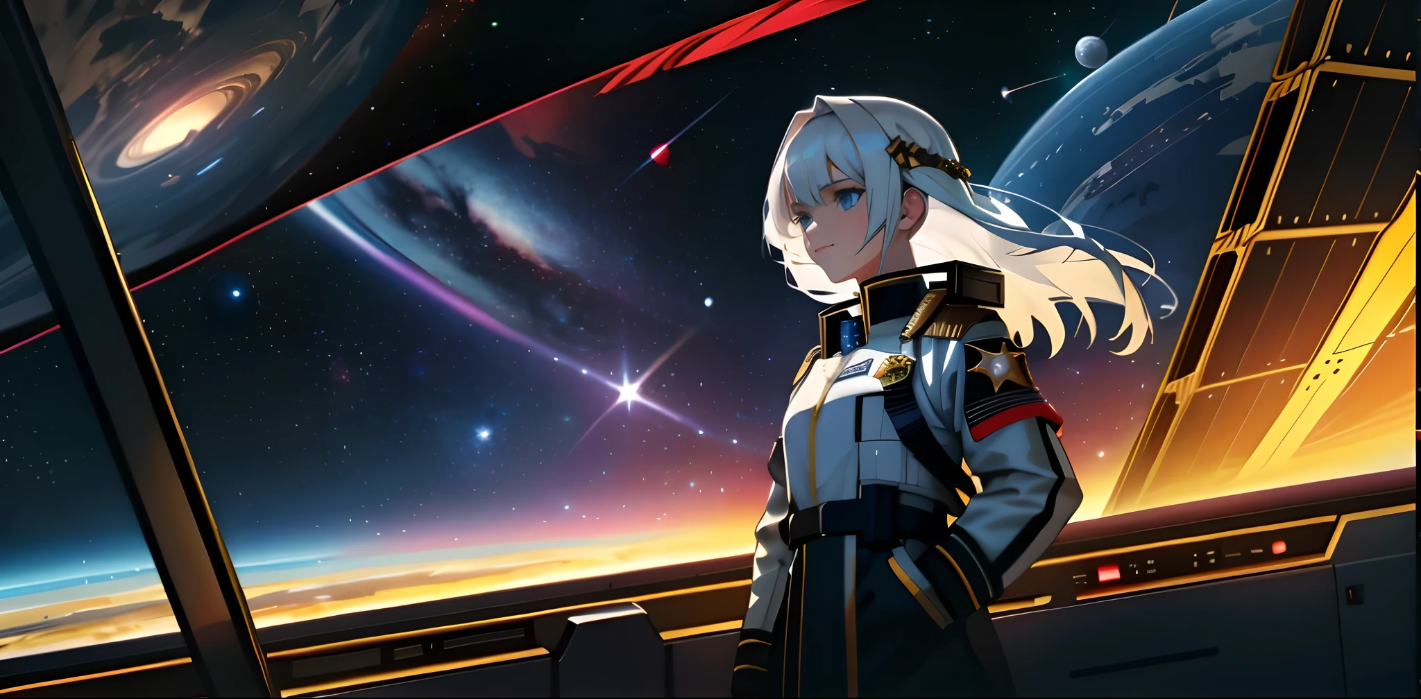 Girl standing on a space command ship，A slight smil，Space in the distance is still fighting，A nearby exploding star gradually collapsed into a black hole。Maiden Governor，White-haired girl，portrait of teenage girl，Wearing the uniform of an imperial general, Black and gold stripes，Starship battlefield，Anime wallpaper 4K，anime wallpaper 8 K，Starskrim，realistic space，Simple，sci-fy，photorealestic