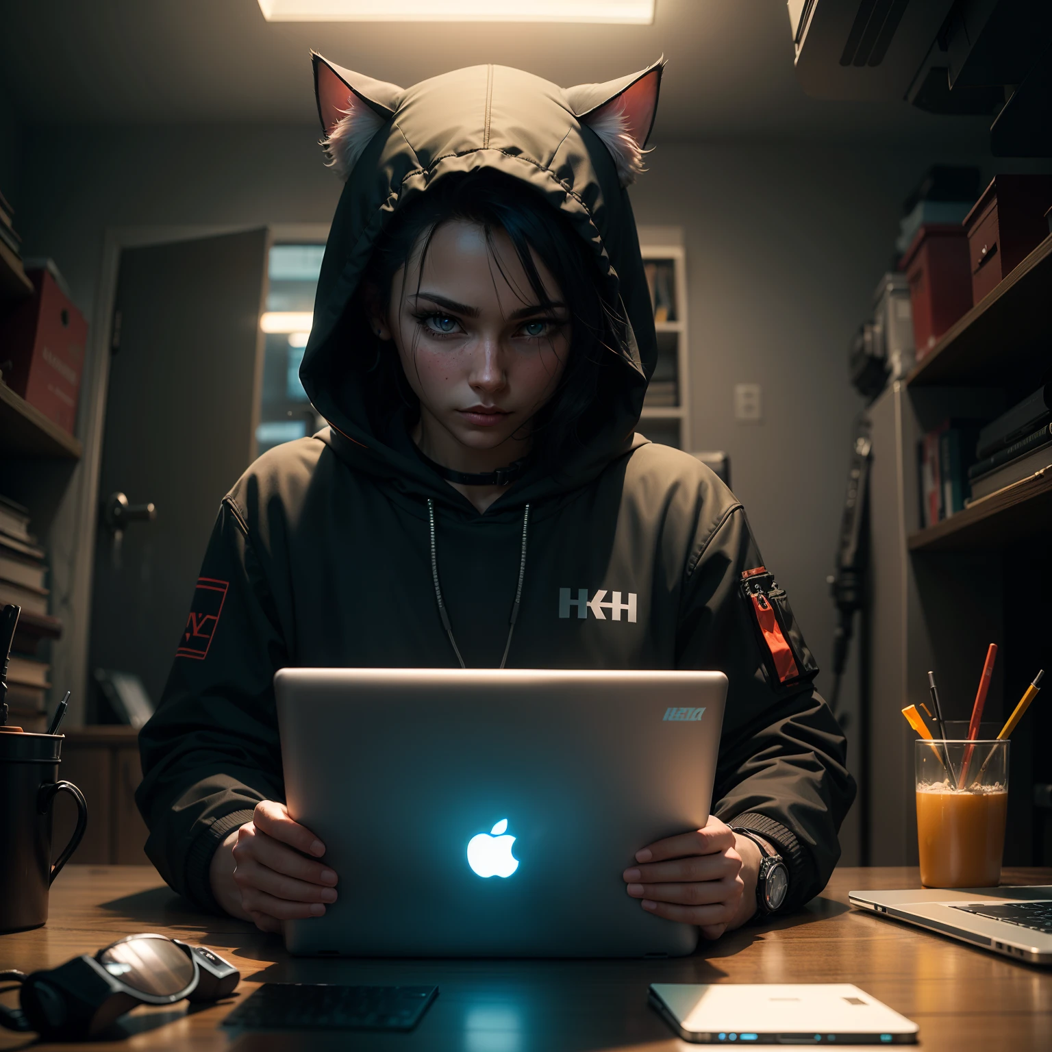 Abstract cat hacker working on laptop, Technology cyberpunk background,Cinematic