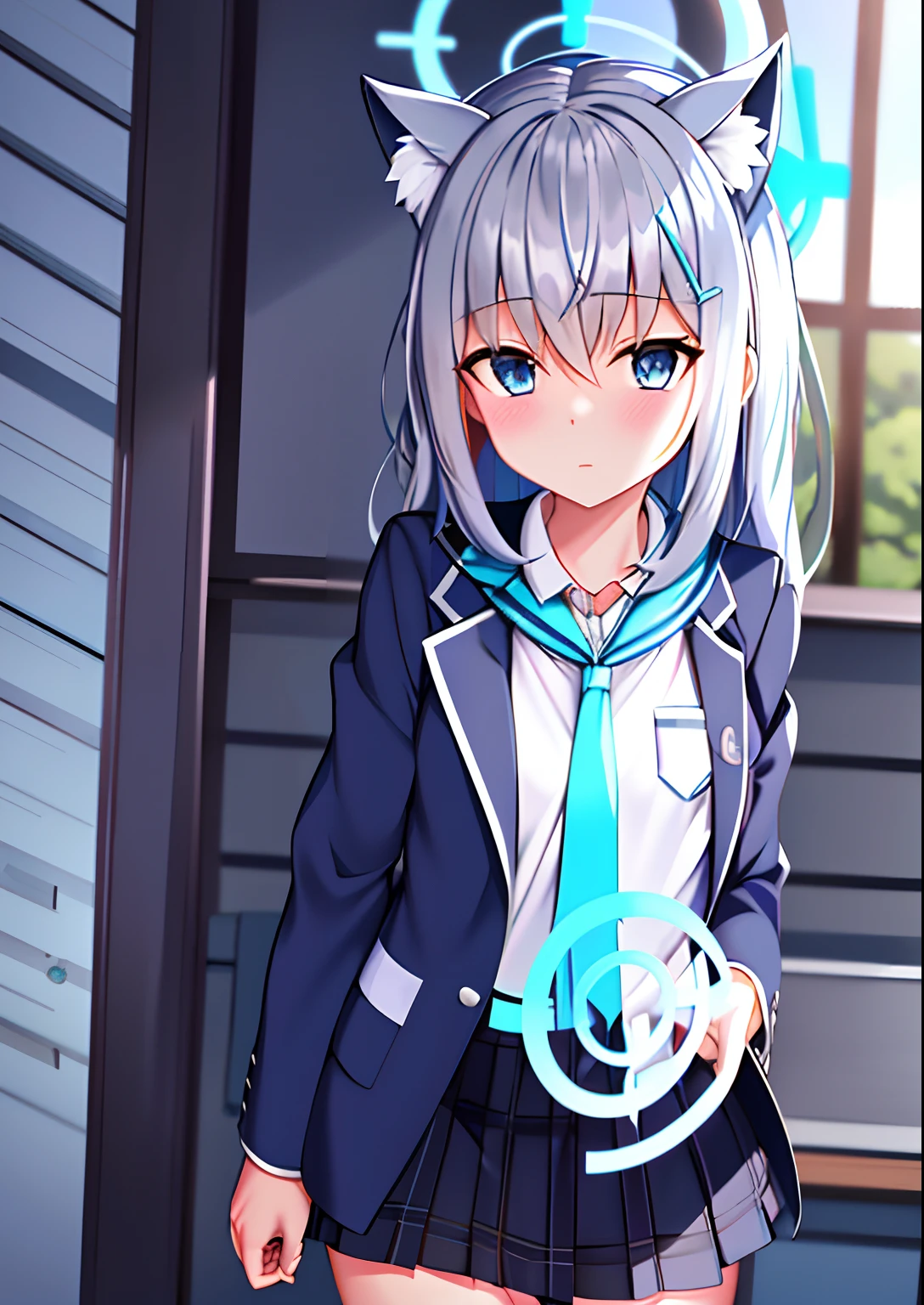 shiroko \(Blue Archive\),school uniform,Skirt,Animal ears,Halo,Blue sky,Masterpiece,Best quality,Ultra-detailed, Ray tracing,Perfect lighting, Cowboy shot,(Shiny skin:1.2)[wet with oil:0.3],Reflection,