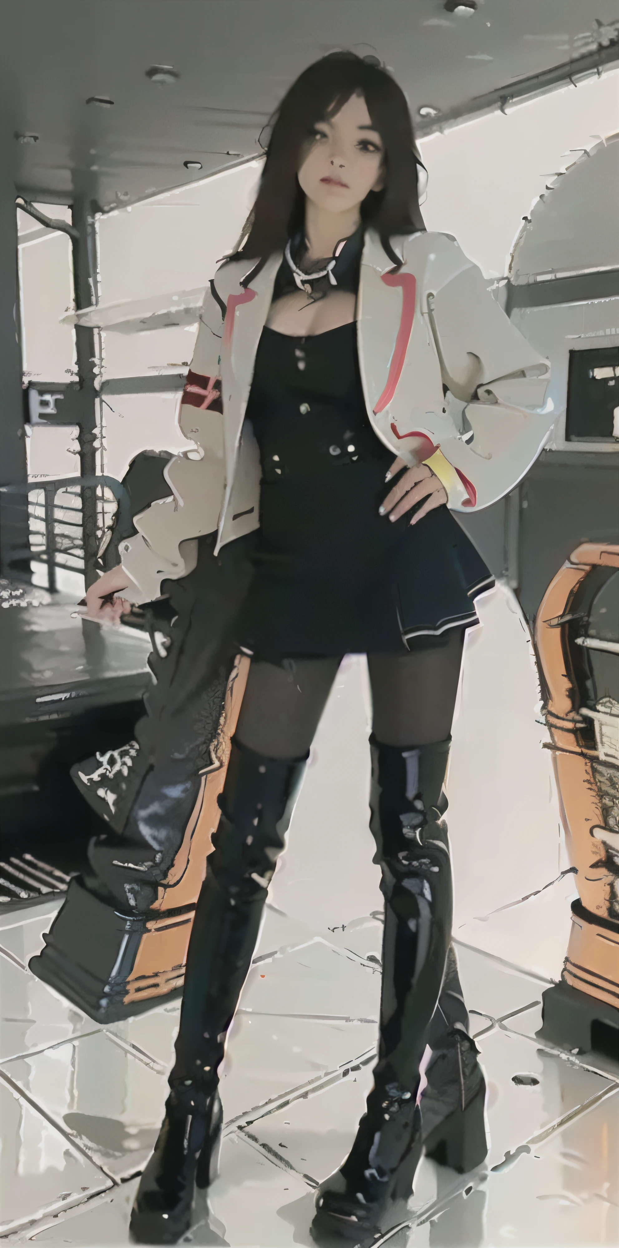 1girll,(8K, RAW photo, Best quality, Masterpiece:1.2), (1China girl,Solo:1.29),(Realistic, photo-realistic:1.37),(Street photography:1.54),(busty figure:1.5),Boots,(2 boots,2 normal legs),Over-the-knee boots,(Stand upright,Orthographic lighting,whole body picture:1.88),(knee high boots:1.75),(Leather boots:1.6),(Over-the-knee boot cover 3/4 legs:1.55),(high-heels:1.2),(Silvery hair),(Silver boots),(leather miniskirt:1.3),(High heels:1.4),(2 Long heels:1.2),(2 stiletto heels:1.33),(Slim heels:1.33),(brassier:1.65),(Silver patent leather boots:1.4),(The boots clung to her legs:1.5),(The boots are pressed tightly against the thighs, Accentuate the curve of the legs),(A pair of black pantyhose:1.89),(A thin pair of black pantyhose:1.74),(A pair of black thin oily pantyhose:1.74),(The line between the legs and the black silk skirt is clear:1.56),(Ultra detail,full bodyesbian),(Red long-haired,Red hair,Bright red hair:1.4),(the beautiful and delicate girl:1.5) ,Beautiful nose,(Extremely detailed eyes and face:1.5), (Beautiful eyes:1.5),((Hanfu:1.1),(beautiful detailed lips),Professional lighting, No hats,2 legs,photon maping, Radio City, Physically-based rendering,Extremely detailed eyes and face, Beautiful detailed eyes,light in face,Cinematic lighting,Beautiful detailed sky,Details of Shanghai streets,Morning,sun light,Short jacket,Hoodie,school uniform,(Open legs:1.45),1girll,full bodyesbian,full body shot of,Outdoors,