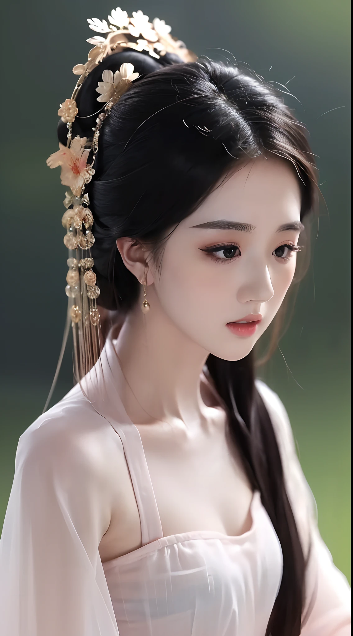 1 beautiful girl, long black hair, black eyes, Ancient Chinese style bun, wearing a thin silk shirt of ancient China, appears shoulders and head in the photo, (pout, embarrassed, small face makeup detailed and very beautiful, Enlarged breasts, regular round breasts, breast augmentation, balanced breasts, blush, from front, from above, looking at viewer, upturned eyes, cleavage, masterpiece, top quality, best quality, official art, unity 8k wallpaper, highres, ultra-high res, ultra-detailed, (photorealistic:1.2), alone, solo, Only 1 girl,