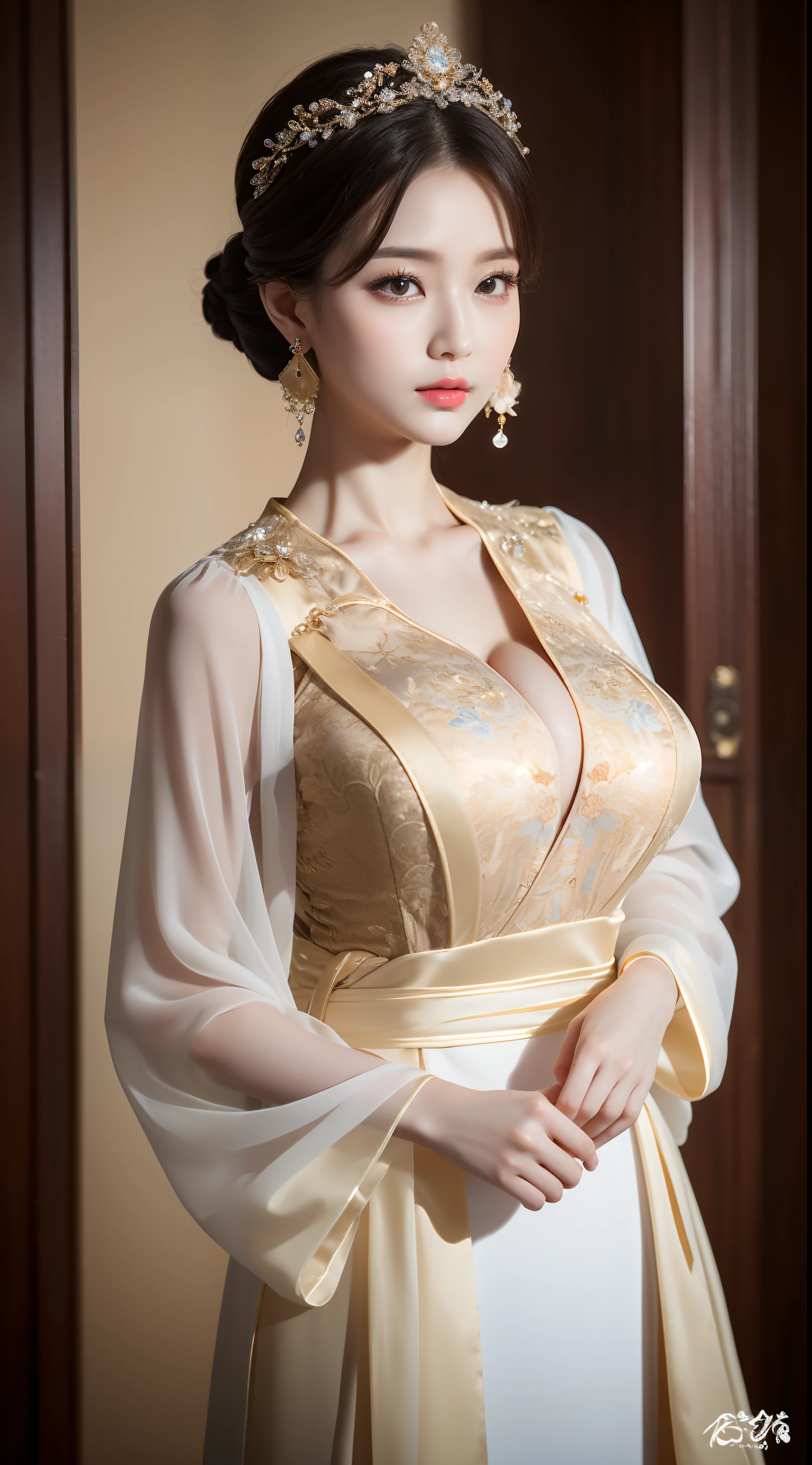 Masterpiece,(best qualtiy),highly  detailed,Ultra-detailed,Lady,Celebrity:Xiao Yu,(Hanfu:1.1),(Elegant temperament:1.2),(Bigboobs:1.3),(Semi-Dressed),(softlighting),(high high quality:1.4),(Detailed),(k hd),(Earrings),(Hairpin),(Exquisite),(Masterpiece)，16k，The upper part of the body