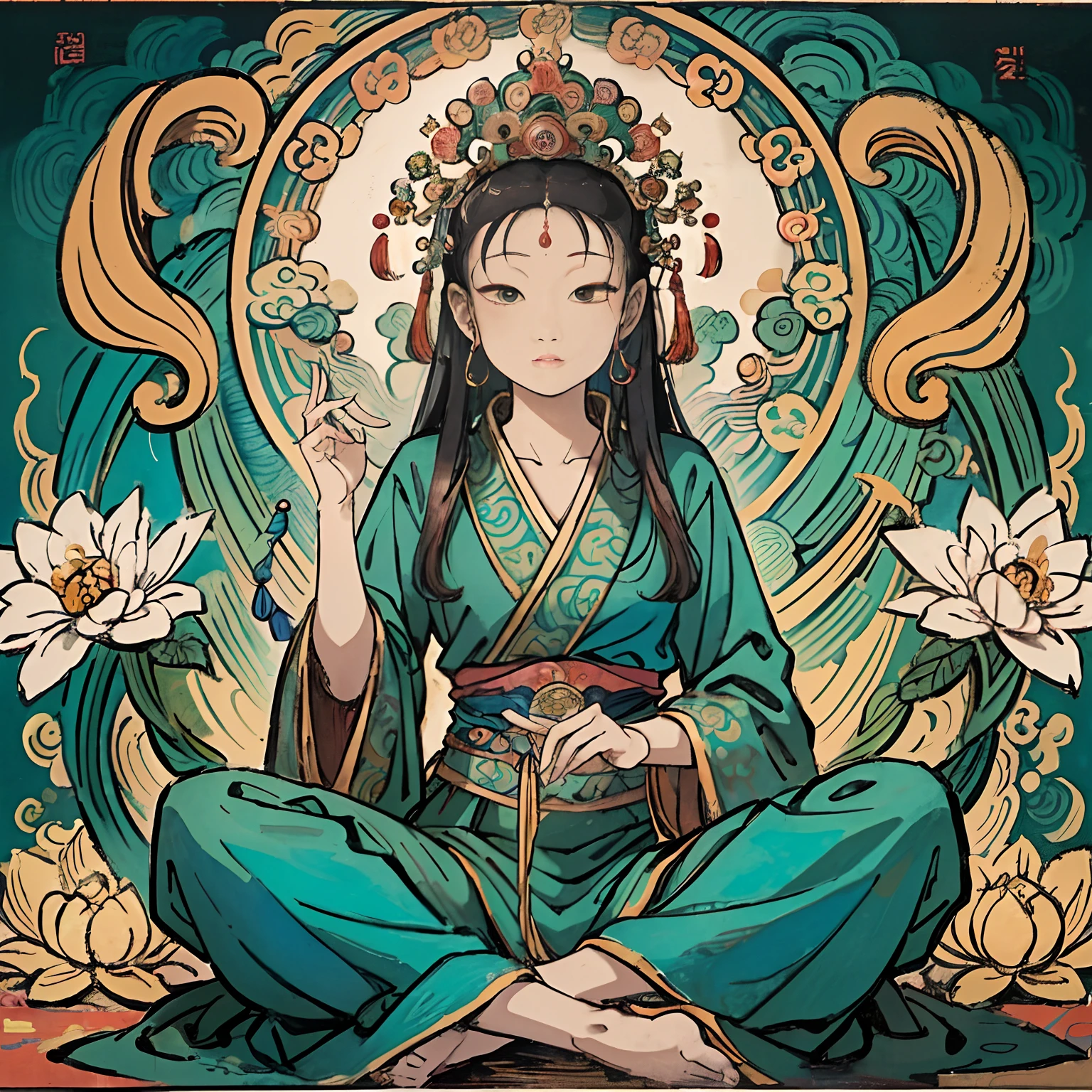 an ancient Chinese goddess, guanyin of the southern seas, Guanyin, Inspired by India, Avalokiteshvara is seated in the dragon,,Serene expression,shui mo hua,Buddha,Buddhist,Lotus,Chinese painting style,Thangka style
