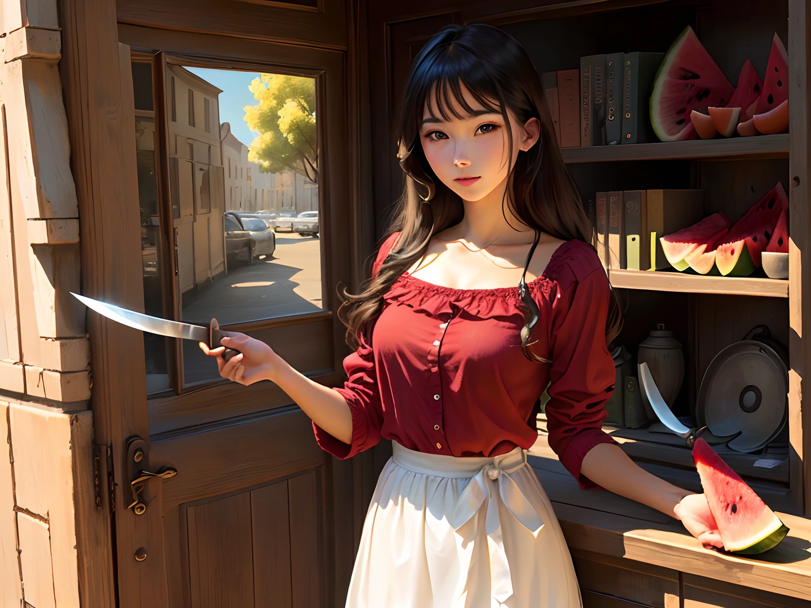 Hold a book in your left hand,Hold a watermelon knife in your right hand