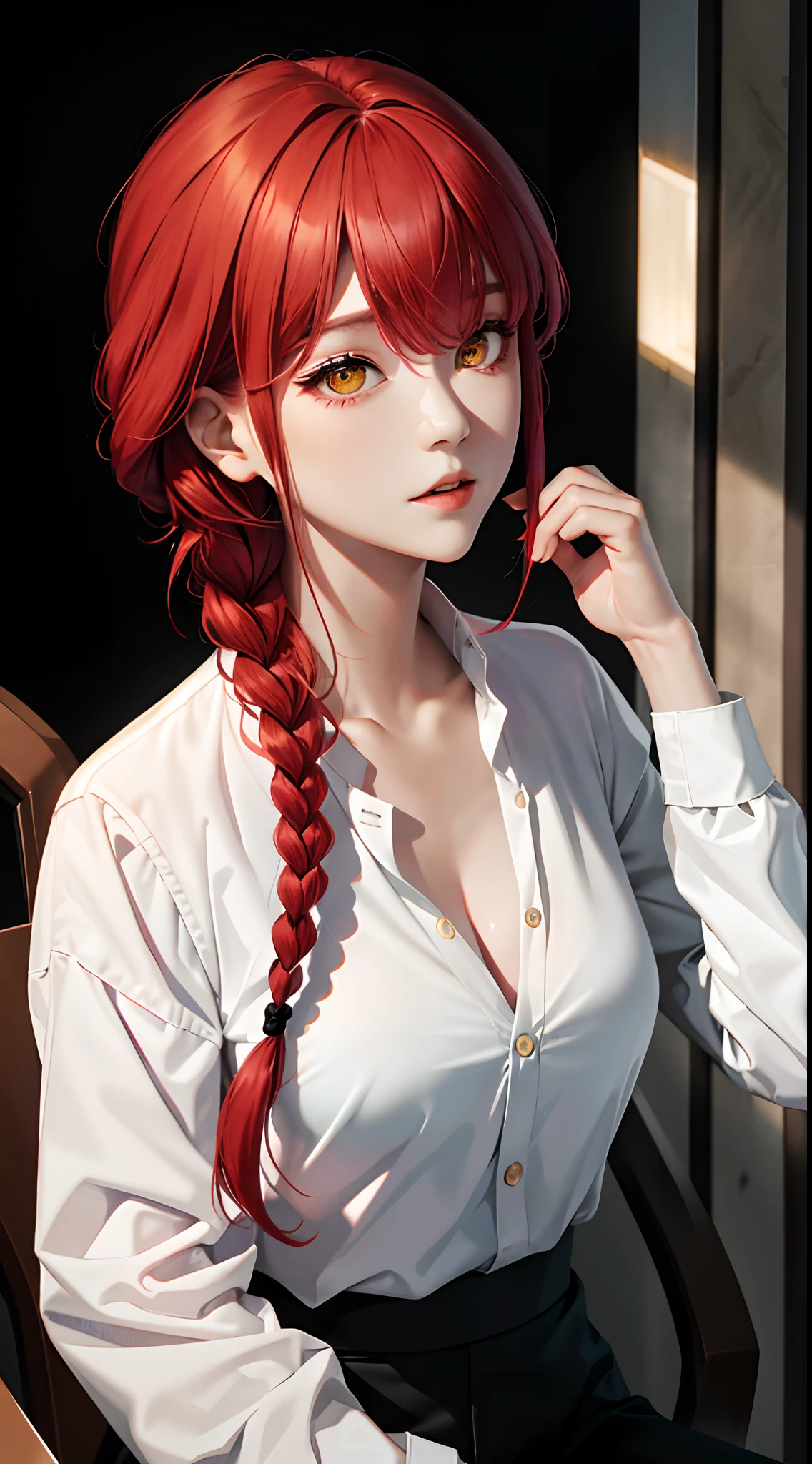 tmasterpiece,(真实感:1.1),best qualtiy,(cleavage:1.3),beautiful light up,(Ulzzang-6500:0.5),makima \(chainsawman\),(red hair)+(long braid)+(By bangs),Yellow eyes,Golden eyes, ((eye socket)), (white shirt), (tiese), RAW photos, 8K UHD, filmgrain,Light