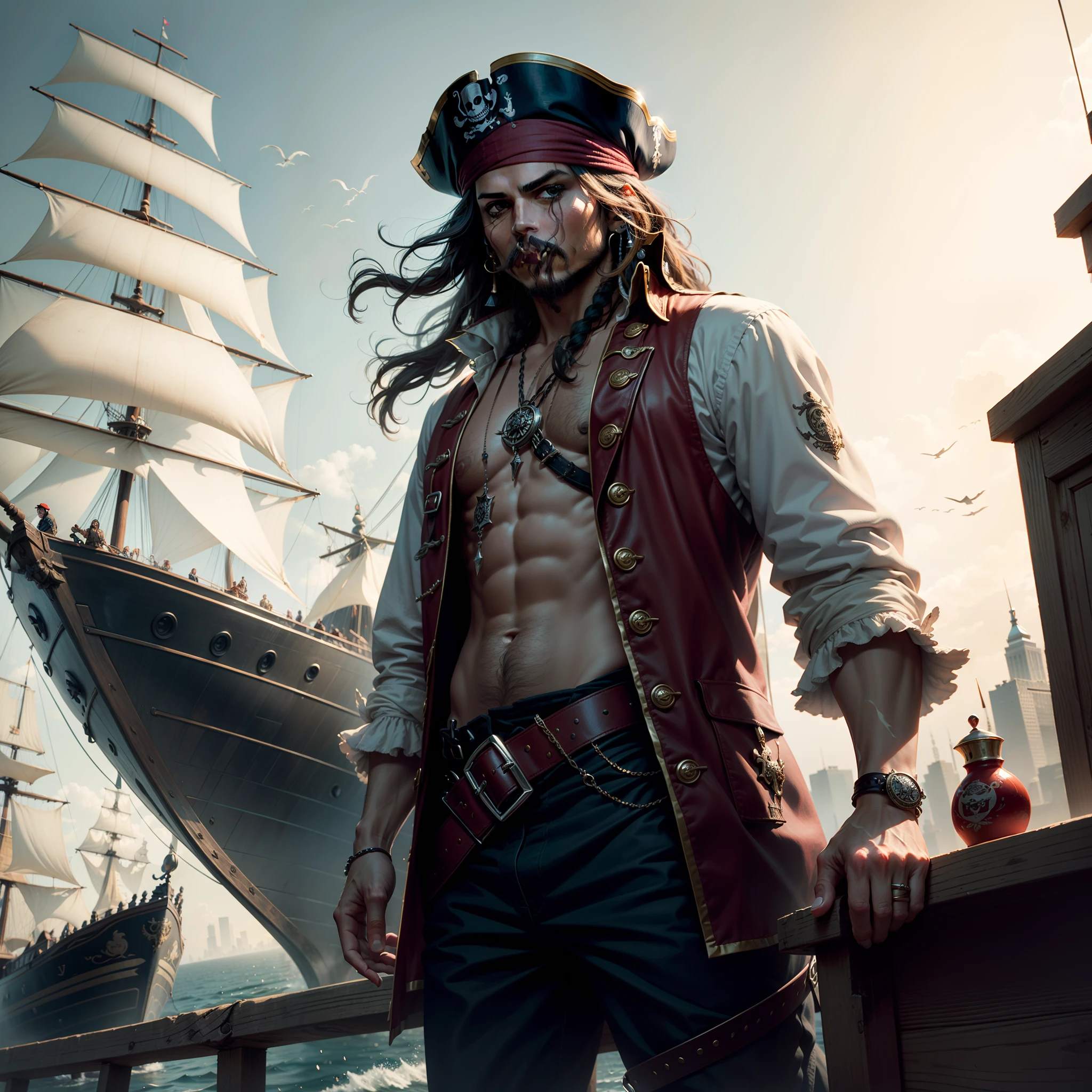 Captain Jack sparrow waliking in the city, inspired by pirate's of carbian series, Jack sparrow on black pearl ship, realistic enhance and detailed,4k