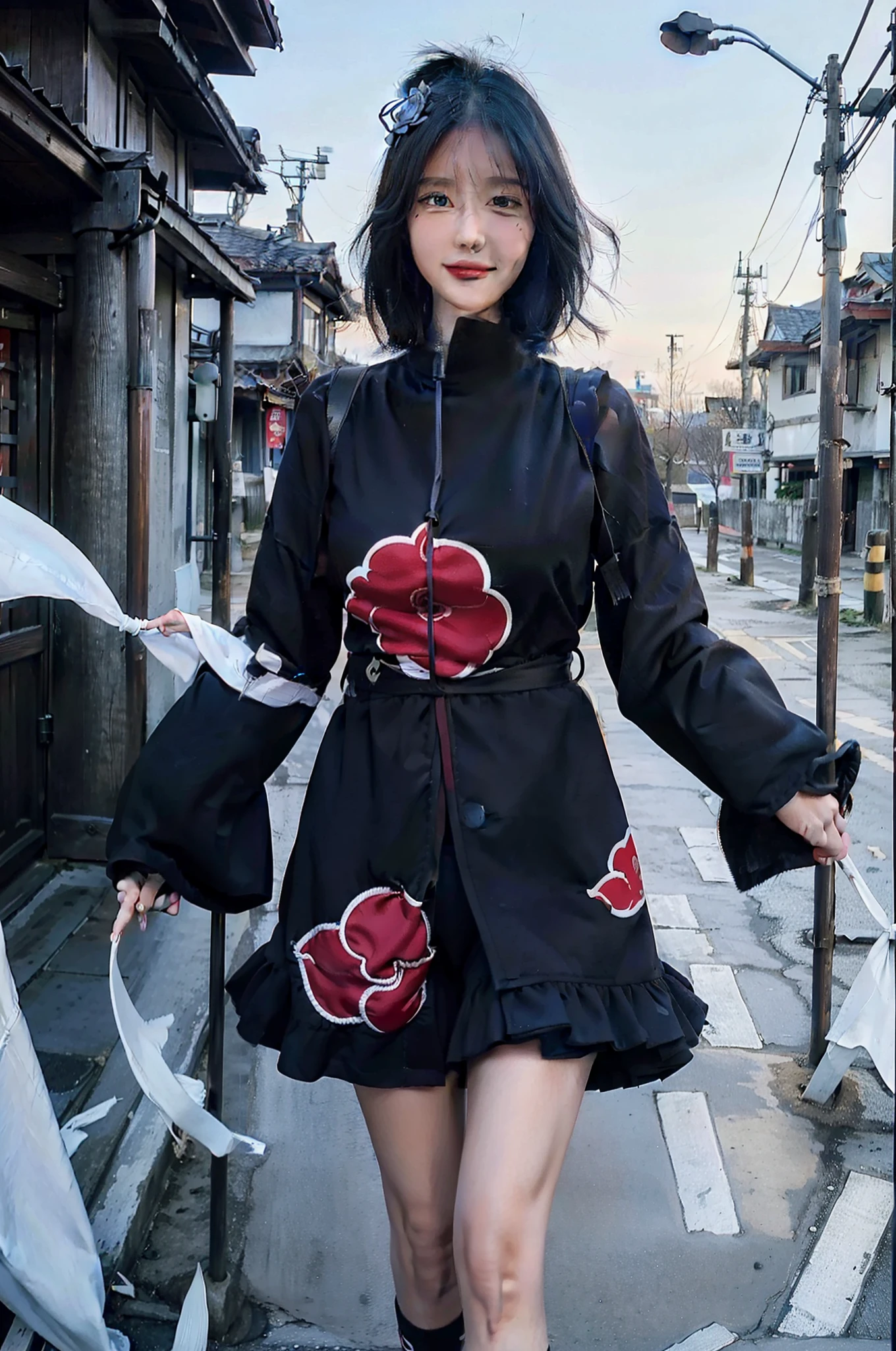 1girl, (8k, RAW photo, best quality, masterpiece:1.2), (ultra highres:1.0),detailed illustration, (real person,fashion photography portrait,photograph), detailed, detailed beautiful skin, (realistic, photo-realistic:1.37), konan akatsukiNS, solo, professional lighting, black dress), village, east asian architecture, trees, village hidden in the leaves background,looking_at_viewer, smile,blue hair,blue eyes,mitain,toeless footwear,kunai,facial mark,konohagakure symbol,fighting_stance,fence,ninja,adjusting gloves,sleeveless,cleavage, big breasts