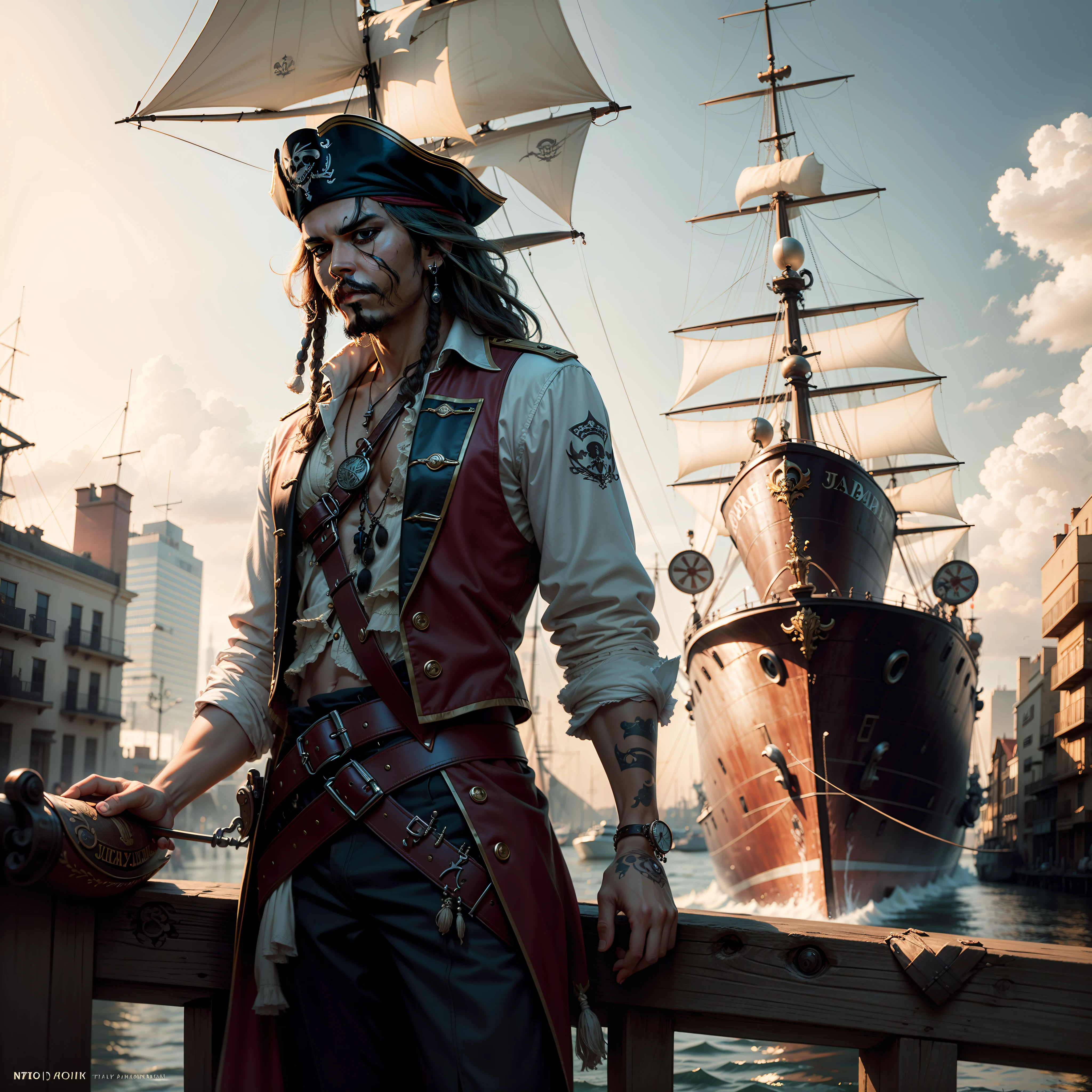 Captain Jack sparrow waliking in the city, inspired by pirate's of carbian series, Jack sparrow on black pearl ship, realistic enhance and detailed,4k