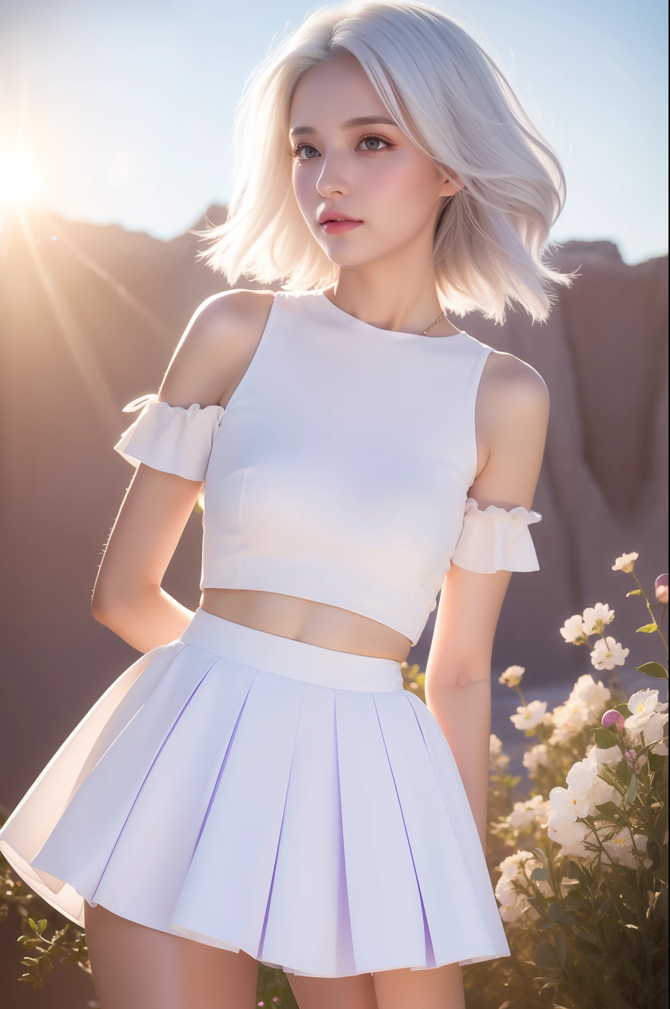 Realistic, 1girl, white hair, purple eyes, glowing eyes, cropped top, skirt, parted lips, blush, night, flowers, sun, sunlight, white skirt, short skirt, medium length hair, real, warm colors, white short Dress, white clothes, light background color, day environment, bright color background, saudi, ocean, cute,
