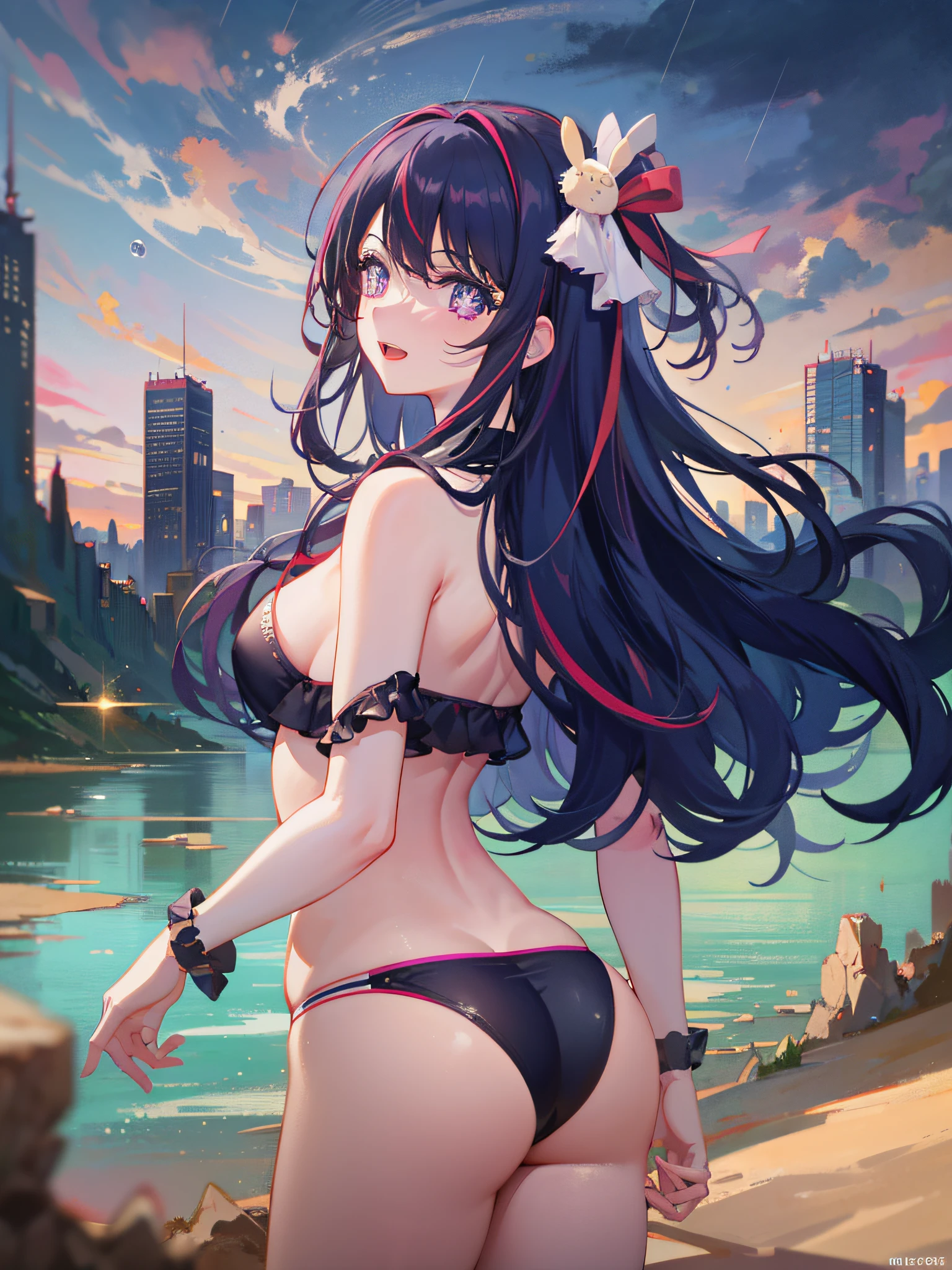 anime film, animated film poster, animated movie poster,
1girl, landscape, panorama, overlook,(high contrast:0.8),(distant view),blurry foreground,wind, cowboy shot,
Hoshino Ai, long hair, purple hair, streaked hair ,purple eyes, star-shaped pupils, hair ornament, laughing, open mouth,strapless bikini,
looking at viewer, hand on own ass,
Pirate, column lineup, rainy days, peony, desert,
masterpiece,highres,extremely detailed CG unity 8k wallpaper, best quality, ultra-detailed,