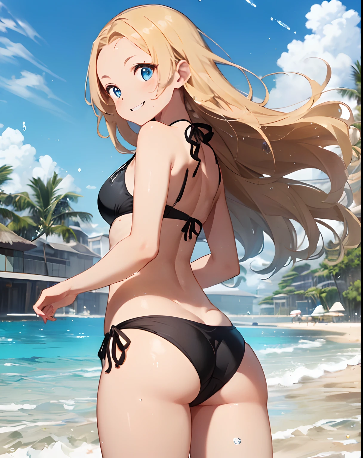 ((​masterpiece))、((top-quality)、(Super Detail)、8K、Delicate depictions are filmed in anime style。
(Very long hair、a blond、Bright blue eyes、）(Bring out your forehead:1.2)、Her blue eyes are highlighted。
The overall tone is brighter、she is smiling。black bikinis,  Spiteful smile,  (sheet of spray:1.1), Rear view、Floating water droplets, Turned、((Black Bikini))、((sand beach))、((Fantastic.))