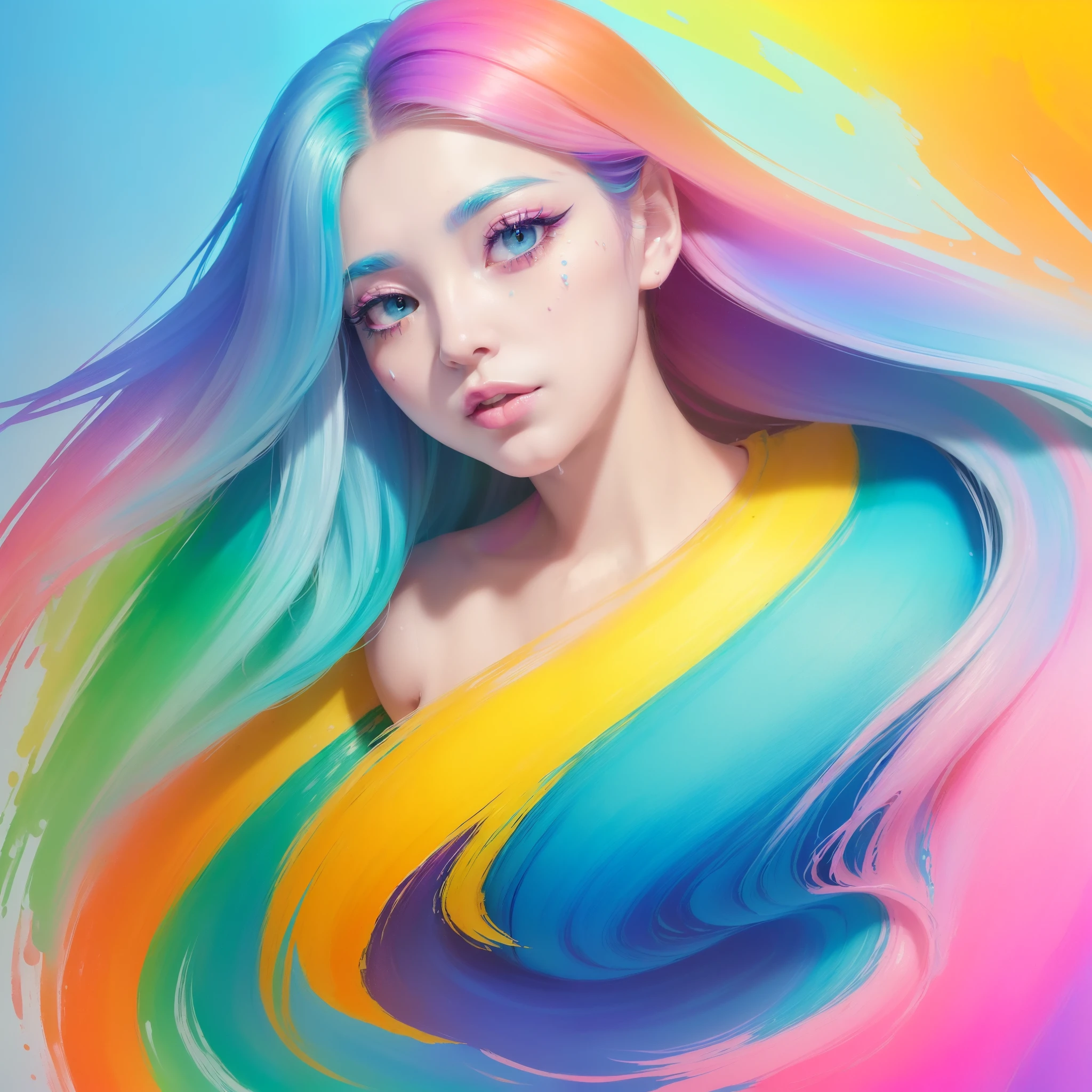 (Pink Fashion T-shirt:1.9),(Colorful hair: 1.8), (all the colours of the rainbow: 1.8),(((((vertical painting:1.6))), (painting:1.6),front, comics, illustrations, paintings, large eyes, crystal clear eyes,( rainbow color gradient high ponytail:1.7), exquisite makeup, closed mouth,(Small Fresh: 1.5),(Wipe Chest: 1.6) ,long eyelashes, white off shoulder T-shirt, White Shoulder Shirt,looking at the audience, large watery eyes, (rainbow colored hair:1.6), color splash, (solo:1.8), color splash, color explosion, thick paint style, messy lines, ((shining)),(colorful), (colorful), (colorful), colorful, Thick Paint Style, (Splash) (Color Splash), Vertical Painting, Upper Body, Paint Splash, Acrylic Pigment, Gradient, Paint, Highest Image Quality, Highest Quality, Masterpiece, Solo, Depth of Field, Face Paint, colorful clothes, (Elegant: 1.2), gorgeous,long hair, wind, (Elegant: 1.3), (Petals: 1.4),(((masterpiece))),(((best quality))),((ultra-detailed)),(illustration),(dynamic angle),((floating)),(paint),((disheveled hair)),(solo),(1girl) , (((detailed anima face))),((beautiful detailed face)),collar,bare shoulders,white hair, ((colorful hair)),((streaked hair)),beautiful detailed eyes,(Gradient color eyes),(((colorful eyes))),(((colorful background))),(((high saturation))),(((surrounded by colorful splashes))),