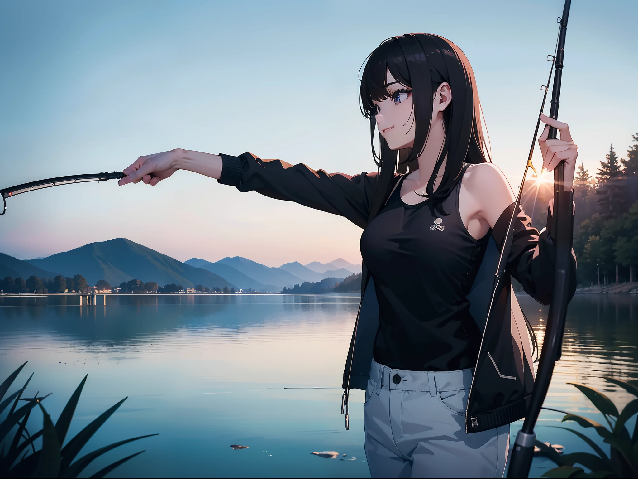 (((Having a fishing rod by the lake))),((Best quality, 8k, Masterpiece :1.3))black hair, longeyelashes, solid circle eyes, light smile, drop shadow, atmospheric perspective, 8k, super detail, ccurate, best quality, middle breasts,black jacket, Black Tank Top ,white_pants,