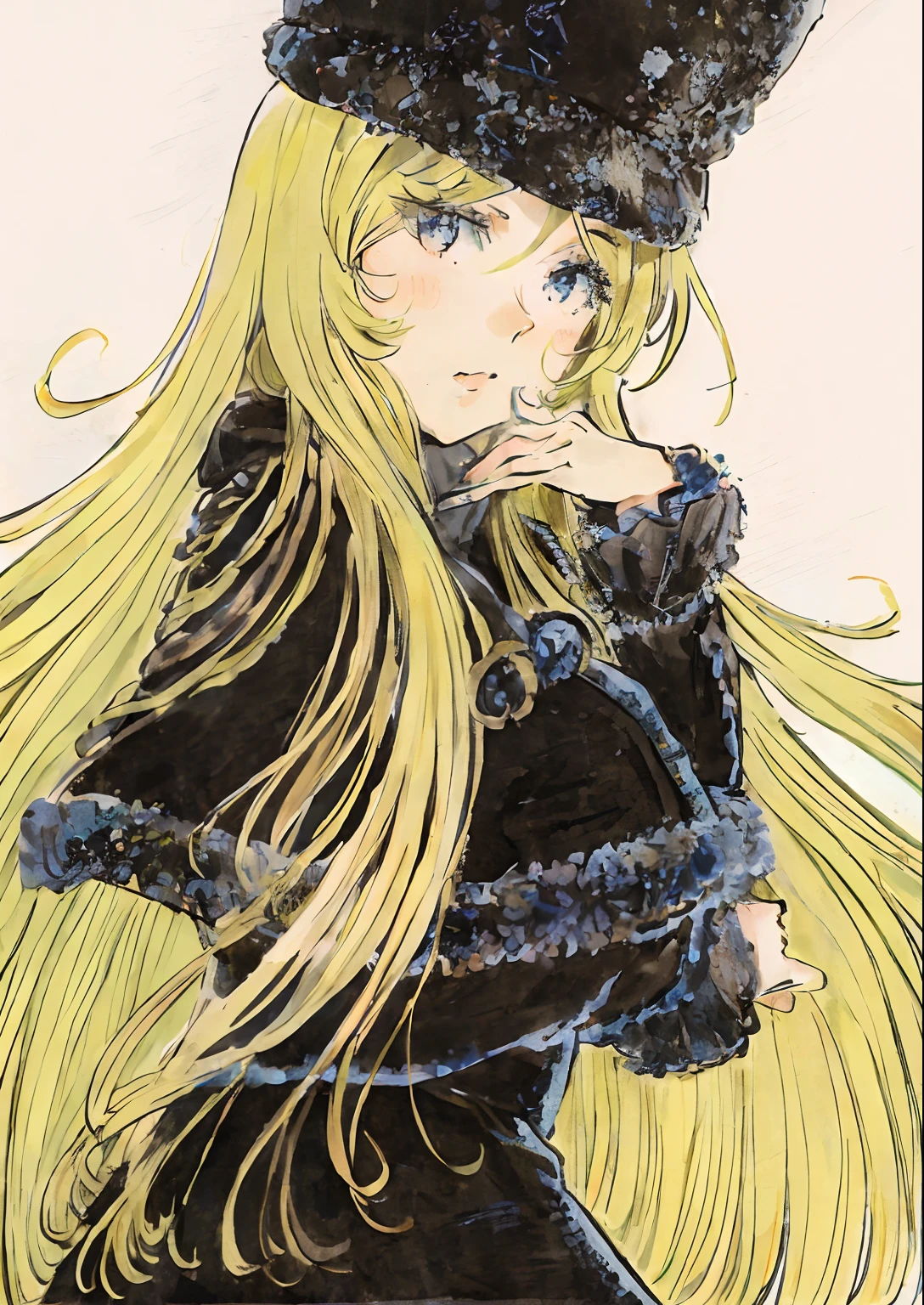 Space with all planets with blue and pink colors on bright white star background in Miyazaki wind、Anime drawing of a woman with long blonde hair wearing a black hat, in a cloak with long hairs, blonde anime girl with long hair, with long blonde hair, Inspired by Amano, by Yumihiko Amano, blonde - haired princess, Anime Girl with Long Hair, style of yoshitaka amano, inspired by Li Chevalier, by amano