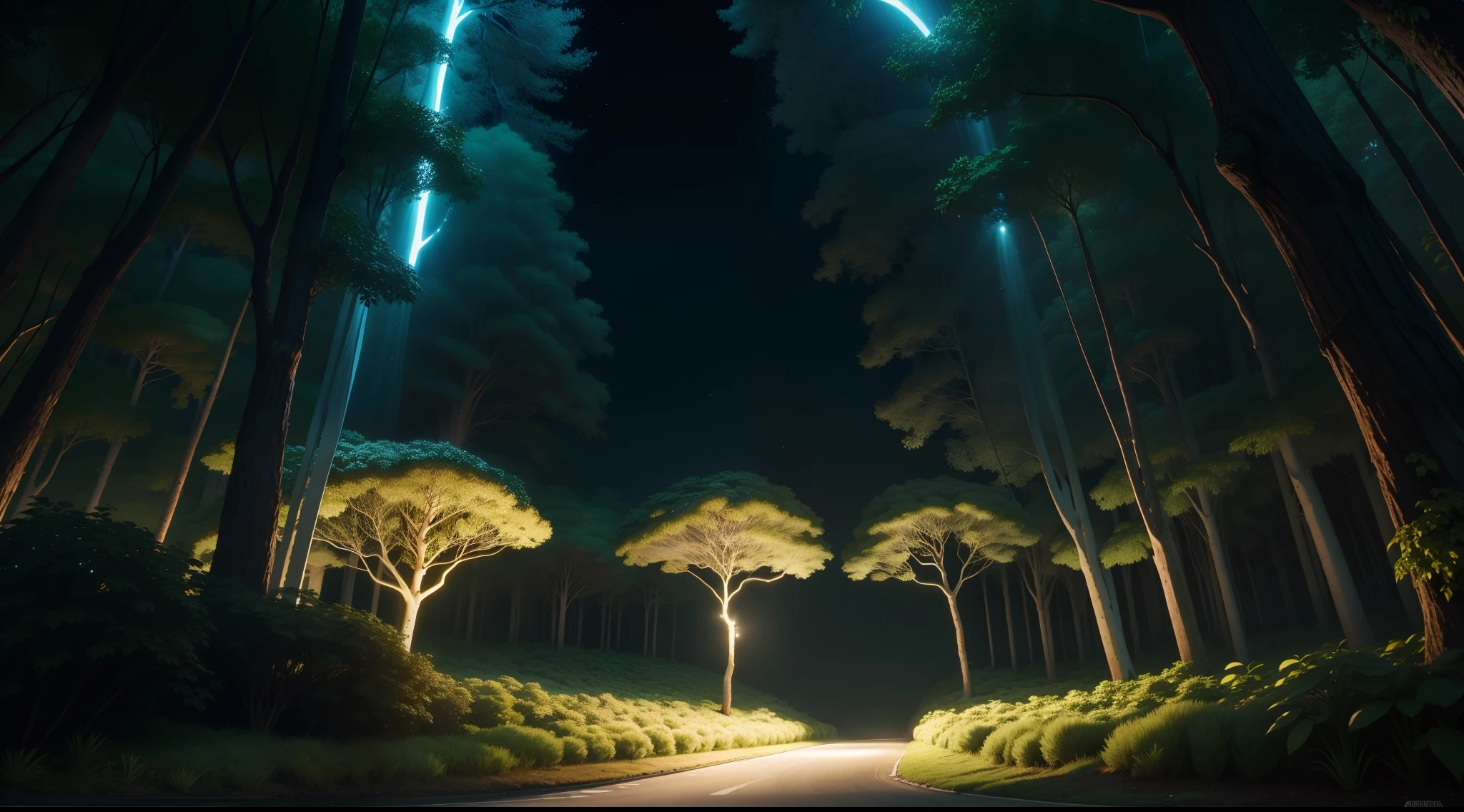 uma floresta a noite floresta envcantada ultra realista iluminada plea lua com uma ponte enorme de madeira entre as arvores