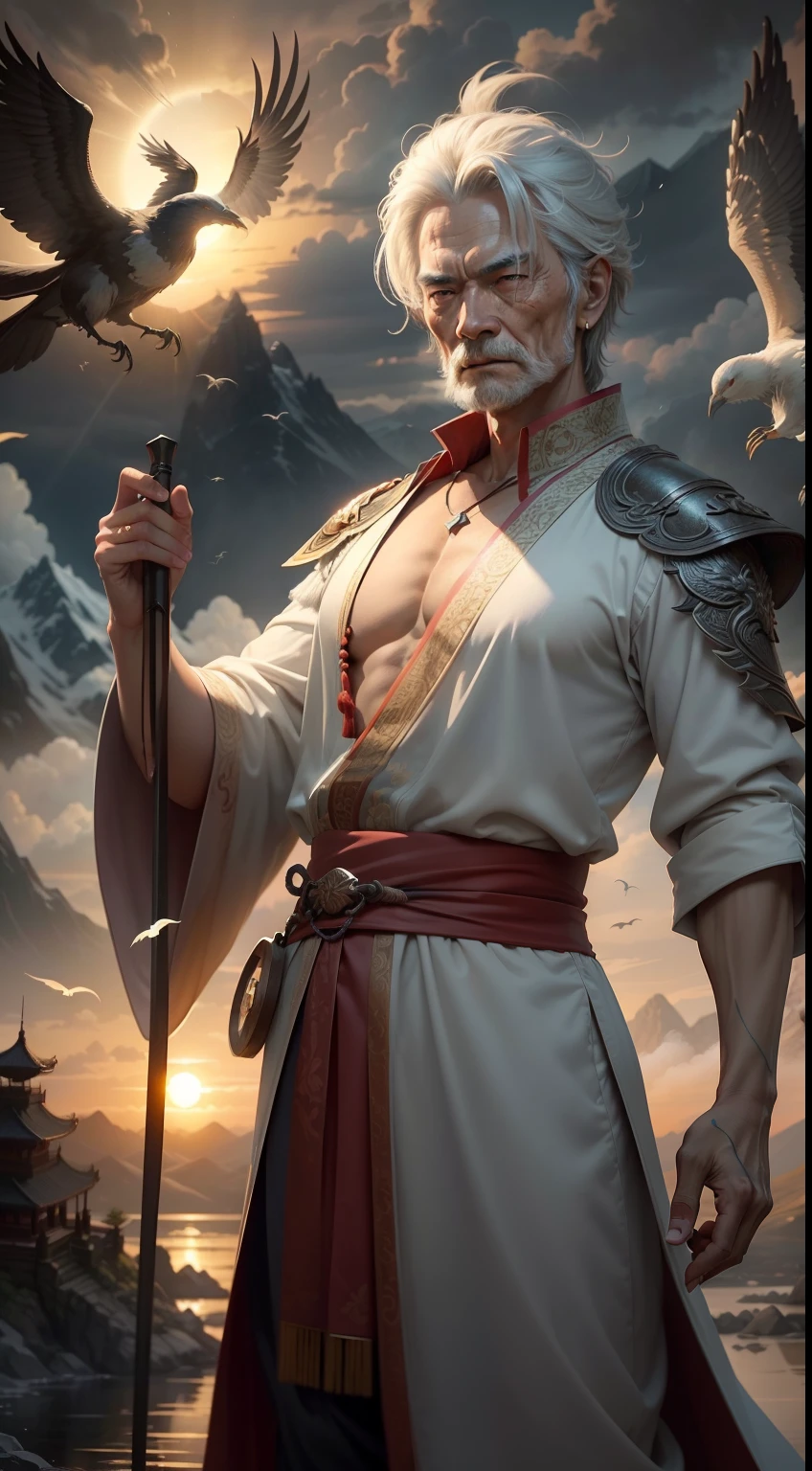 An ancient Chinese immortal sorcerer wields a sword，The appearance of the old man，The expression is peaceful，The eyes are firm and bright，（Extremely detailed and perfect facial details）closeup cleavage，（Full body appearance），（Silky silk clothes），The background is the mountain，And cranes，flying birds，drak，Surrealist illusory scenes，The setting sun shines obliquely through the clouds，（Noticeable light and shadow effects），（Magical epic style），（masterpiece），（HighestQuali），（8k wallpaper），（Master painting），（Ink painting style），（Splash ink），（Paint splashes），（Photography Award），photorealestic，realisticlying