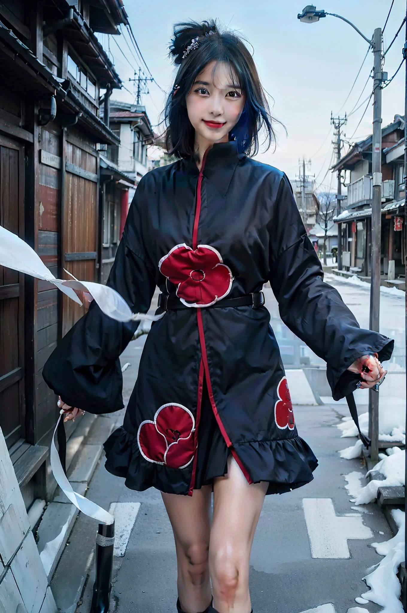 1girl, (8k, RAW photo, best quality, masterpiece:1.2), (ultra highres:1.0),detailed illustration, (real person,fashion photography portrait,photograph), detailed, detailed beautiful skin, (realistic, photo-realistic:1.37), konan akatsukiNS, solo, professional lighting, black dress), village, east asian architecture, trees, village hidden in the leaves background,looking_at_viewer, smile,blue hair,blue eyes,mitain,toeless footwear,kunai,facial mark,konohagakure symbol,fighting_stance,fence,ninja,adjusting gloves,sleeveless,cleavage, big breasts