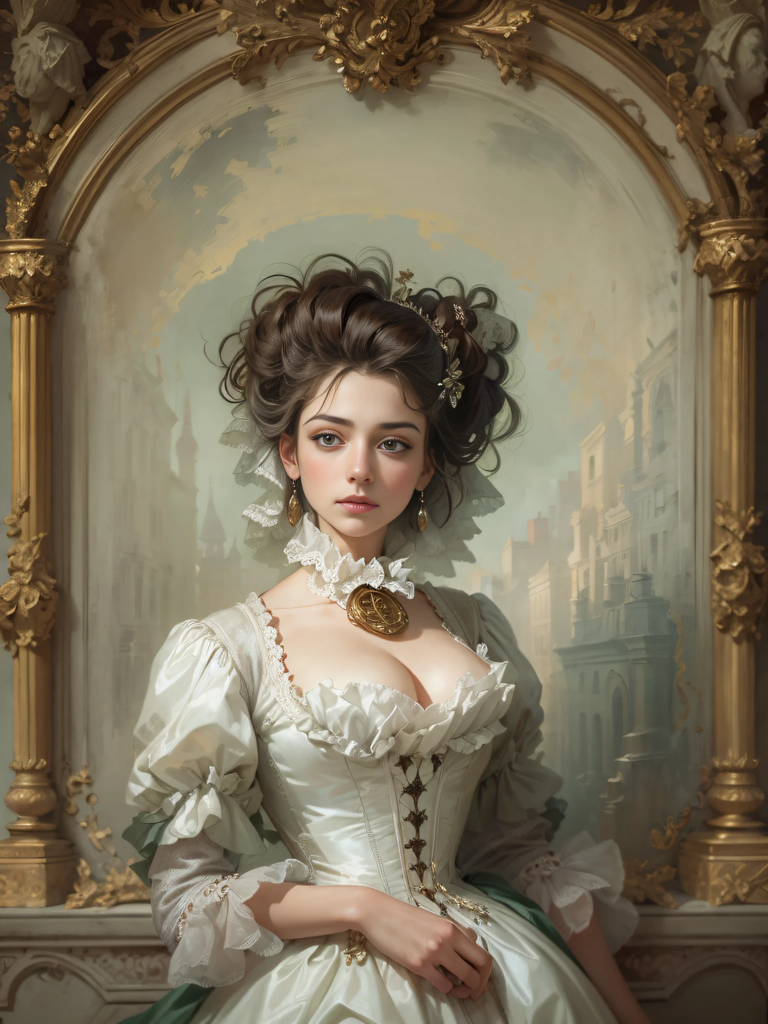 There was a woman，The hair is huge，In a white blouse shirt, rococo style portrait, inspired by Louis Le Nain, Baroque portrait, stunning portrait, ornate portrait, in a high renaissance style, Beautiful portrait, victorian style costume, Portraits of Victorian women, young victorian sad fancy lady, inspired by Mathieu Le Nain, A beautiful portrait of a woman, very beautiful portrait