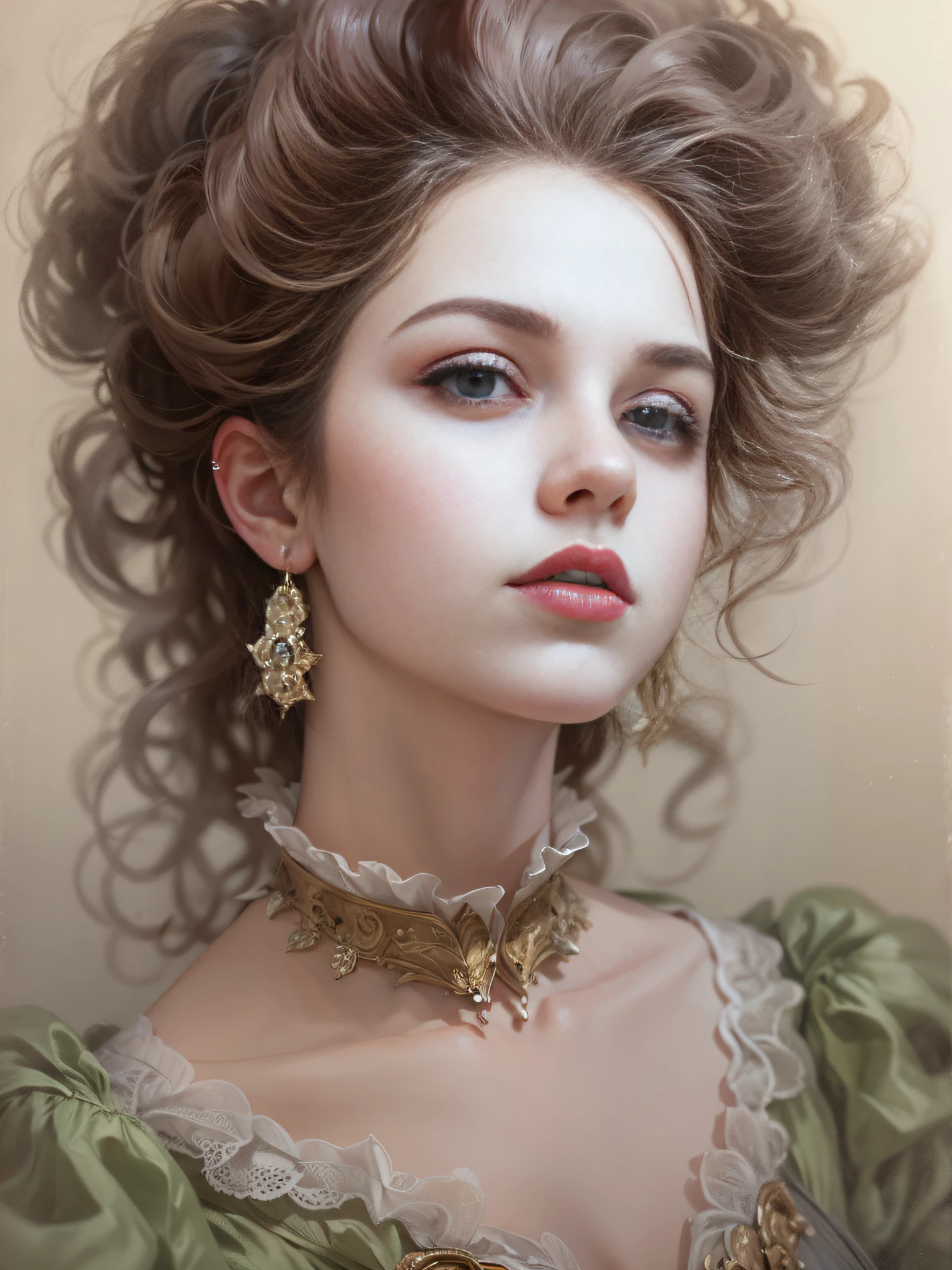 There was a woman,The hair is huge,In a white blouse shirt, rococo style portrait, inspired by Louis Le Nain, Baroque portrait, stunning portrait, ornate portrait, in a high renaissance style, Beautiful portrait, victorian style costume, Portraits of Victorian women, young victorian sad fancy lady, inspired by Mathieu Le Nain, A beautiful portrait of a woman, very beautiful portrait