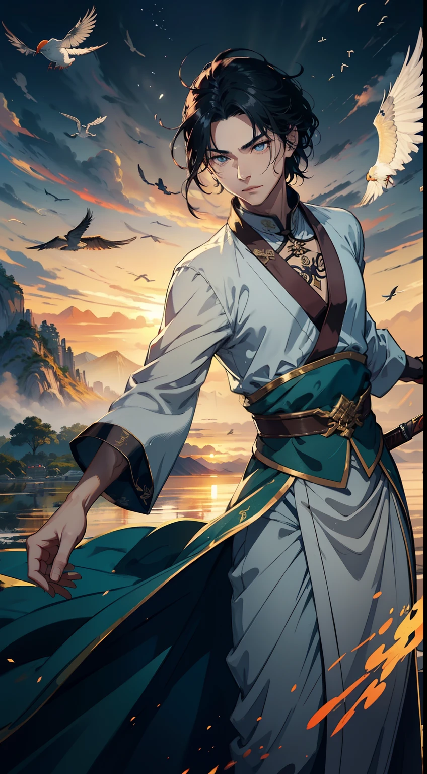 Ancient Chinese cultivation immortal path masters wielding swords,The appearance of a male elderly,The facial expression is full and peaceful,The eyes are firm and bright,(Extremely detailed and perfect facial details)closeup cleavage,(Full body appearance),(Silk silk clothes),The background is the mountain,Crane,Flying birds,drak,Surrealist illusory scenes,The setting sun shines obliquely through the clouds,(Noticeable light and shadow effects),(Magical epic style),(Masterpiece),(HighestQuali),(8k wallpaper),(Master painting),(Ink painting style),(Splash ink),(Paint splashes),(Photography Award),photorealestic,realisticlying