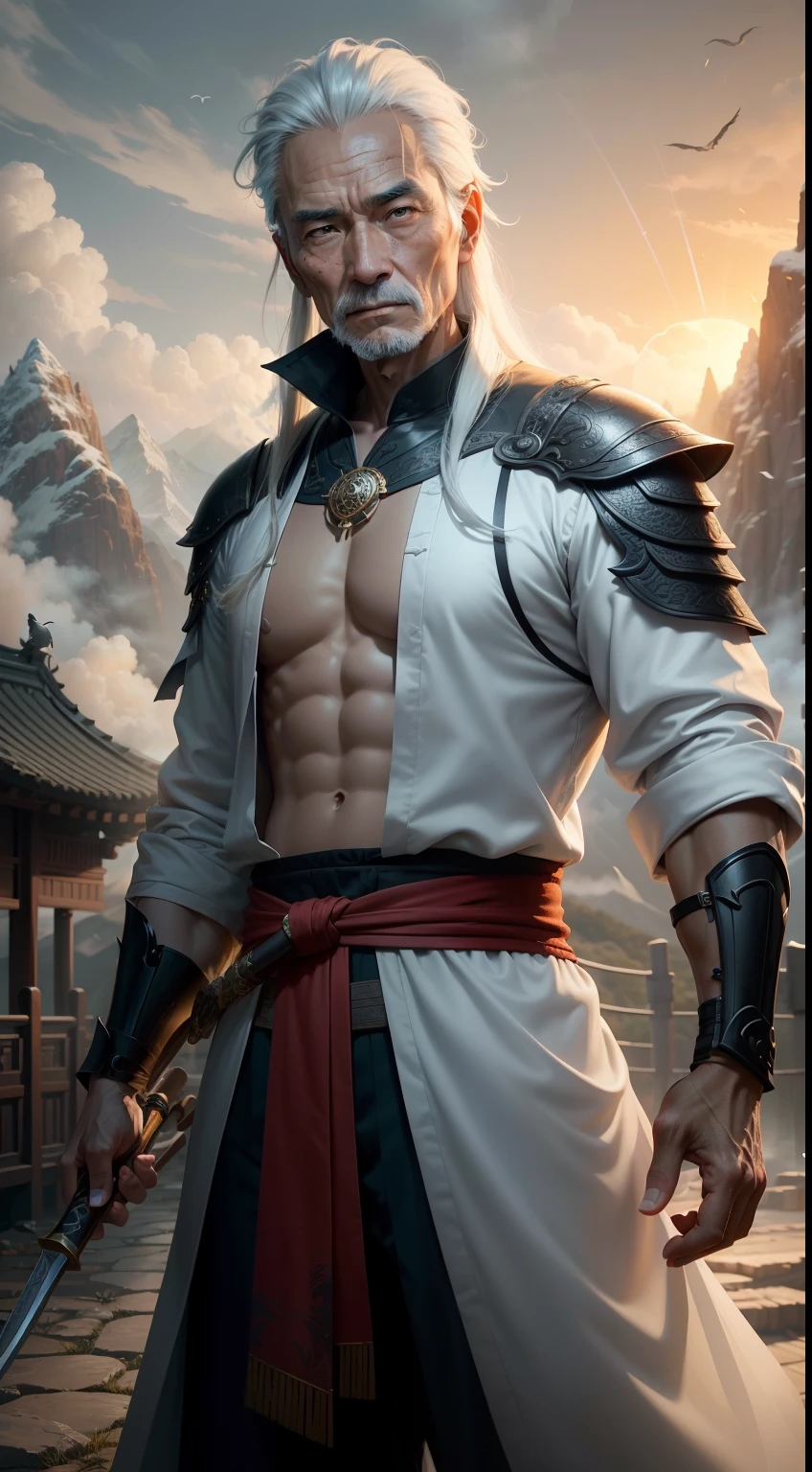 Ancient Chinese sword-wielding immortal Taoist practitioner，（（Male elderly））Appearance，The facial expression is full and peaceful，The eyes are firm and bright，（Extremely detailed and perfect facial details）closeup cleavage，（Full body appearance），（Silk silk clothes），The background is the mountain，Crane，Flying birds，drak，Surrealist illusory scenes，The setting sun shines obliquely through the clouds，（Noticeable light and shadow effects），（Magical epic style），（Masterpiece），（HighestQuali），（8k wallpaper），（Master painting），（Ink painting style），（Splash ink），（Paint splashes），（Photography Award），photorealestic，realisticlying