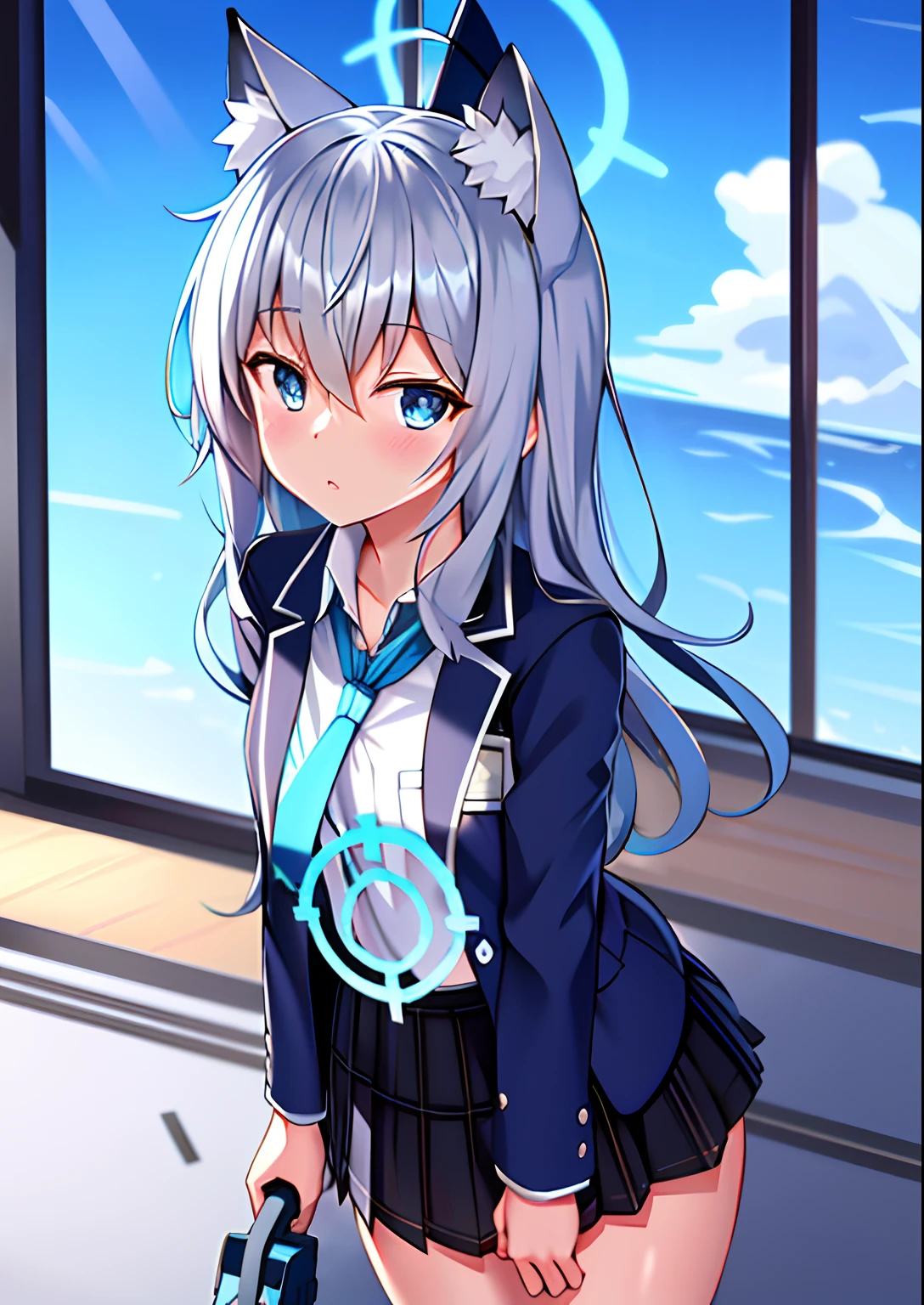 shiroko \(Blue Archive\),school uniform,Skirt,Animal ears,Halo,Blue sky,Masterpiece,Best quality,Ultra-detailed, Ray tracing,Perfect lighting, Cowboy shot,(Shiny skin:1.2)[wet with oil:0.3],Reflection,