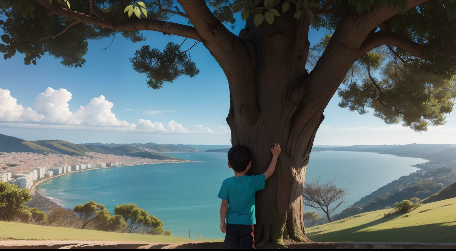Boy looking at a tree (macieira), vista primeiro plano