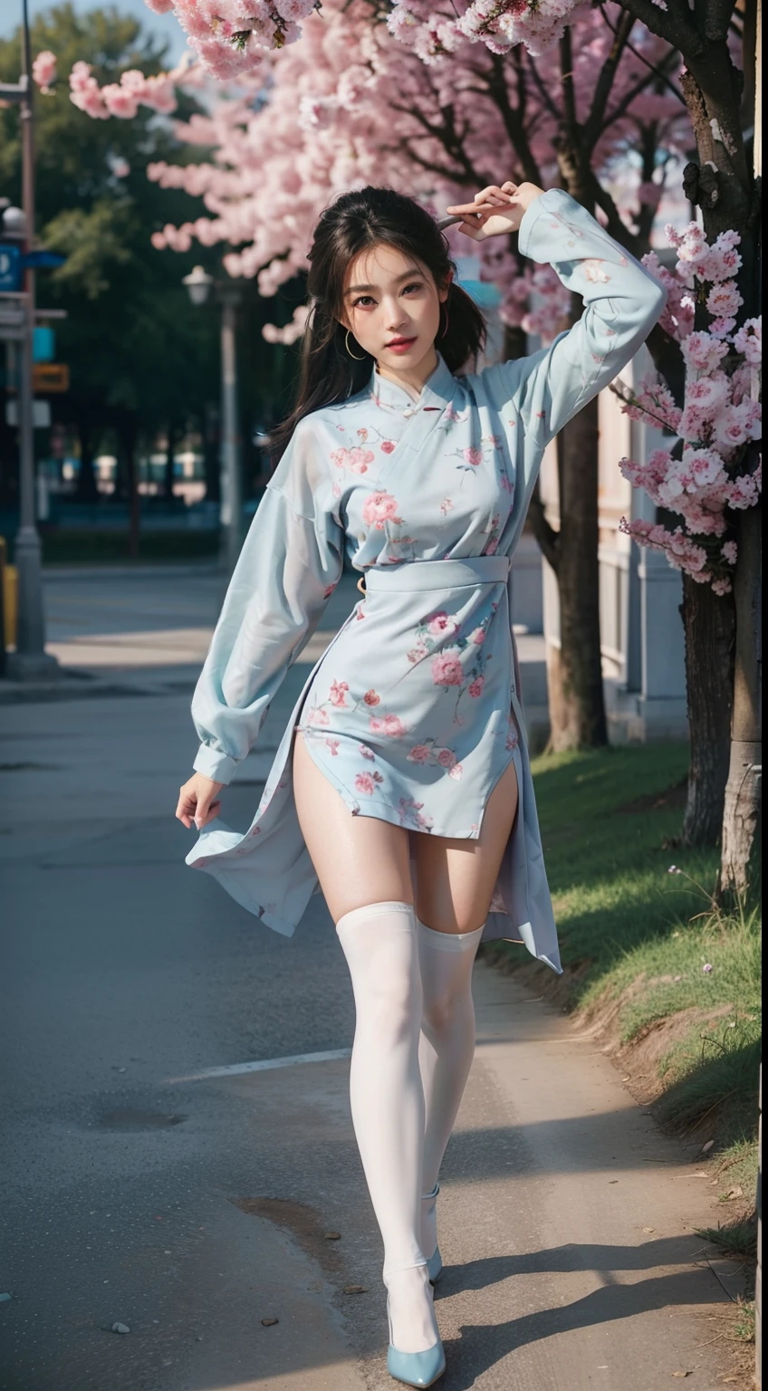Splitting characters is prohibited，(Full body shot:1.4), Must show your face, (anatomy correct：2), Dance on top of a mountain，The breath of nature，(Polished pointed toe heels:1.3),Patterned over-the-knee socks are mandatory， Keep your feet off the ground，（In pink|amarelo|blue colors|green color|red colour|white colors|black in color|purpleish color|greys|Beige|Flesh-colored），Qing dynasty printed clothing， (gloss on the skin:1.2), (gloss on the skin:1.2), (Skin reflects light:1.2) A shallow laugh, Complex and diverse backgrounds，Strangling effect,hyper HD, Ray traching, reflective light，structurally correct, Award-Awarded, high detal, lightand shade contrast, Face lighting，cinmatic lighting, tmasterpiece, super detailing, high high quality, high detal, best qualityer, 16k