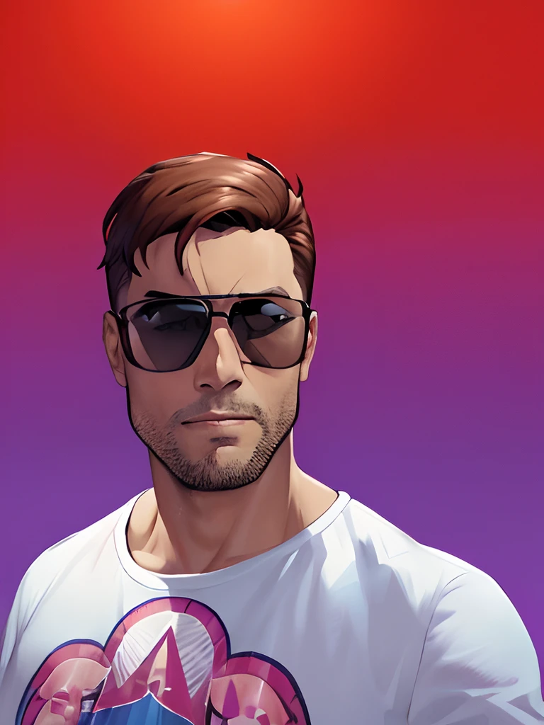 vice city game cover, villain character portrait, short brown hair, sunny, open eyes